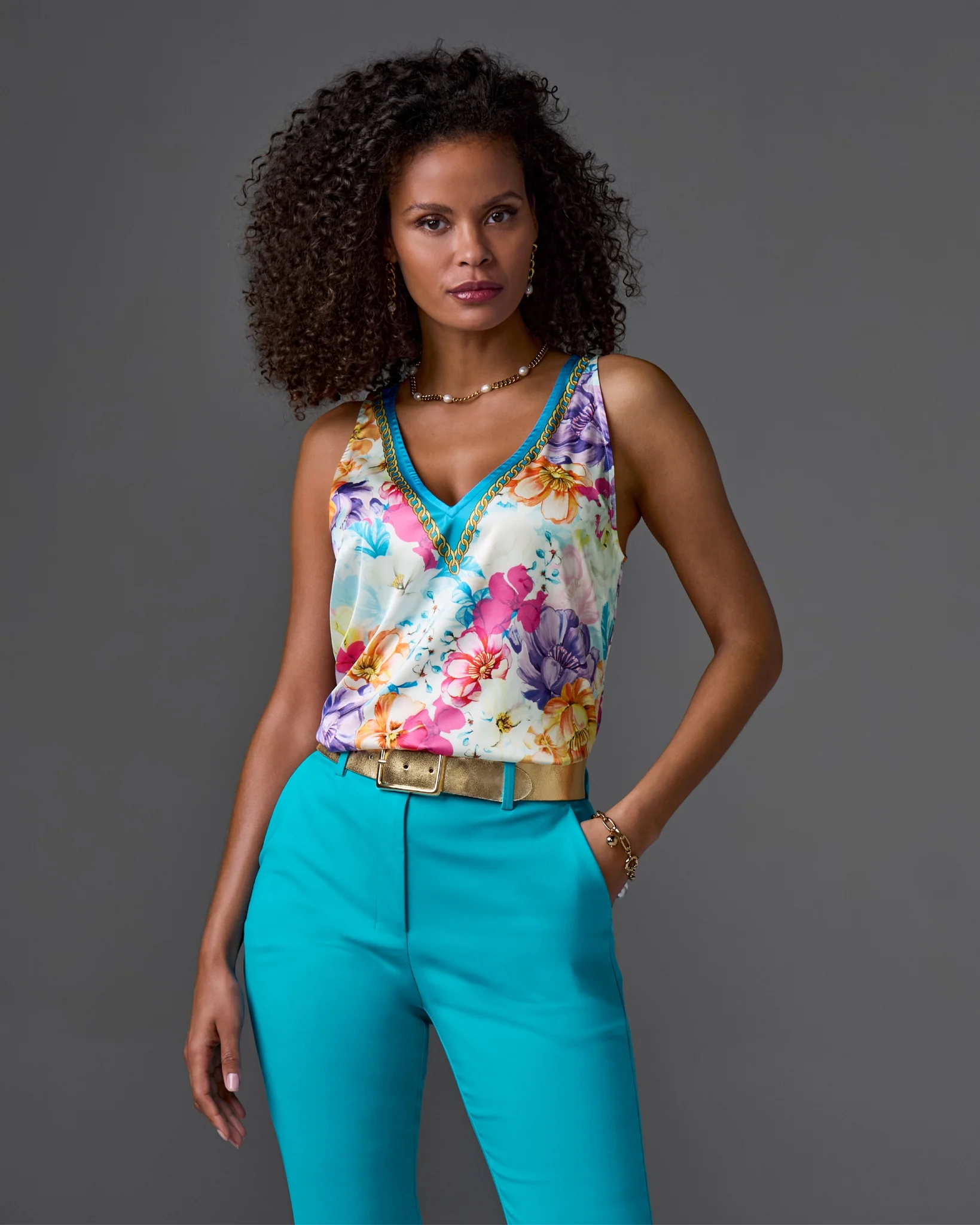 Print Chain Detail V Neck Charmeuse Blouse Iris Garden Placement - Mycitystee