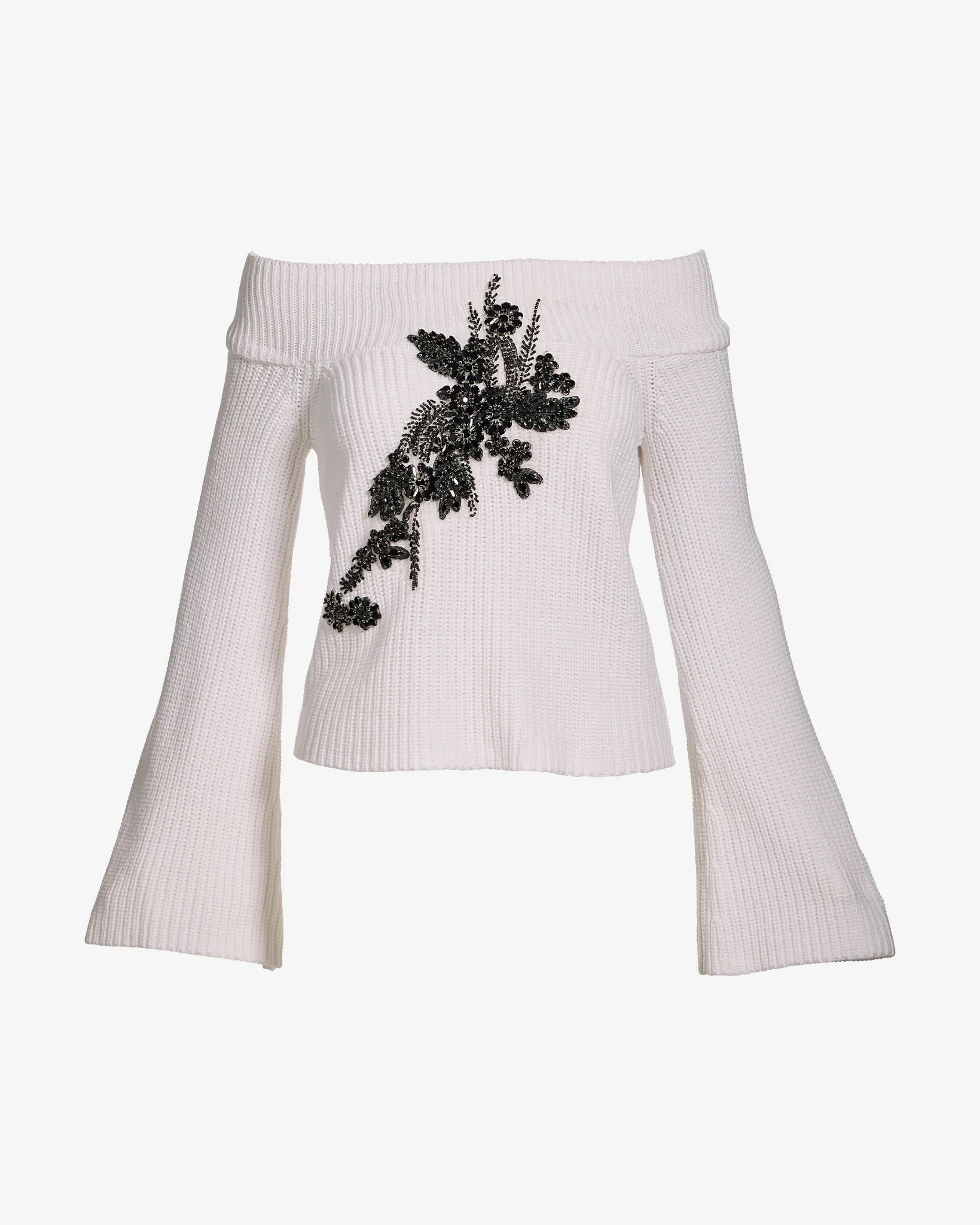 Off The Shoulder Embellished Sweater Black/White - Mycitystee