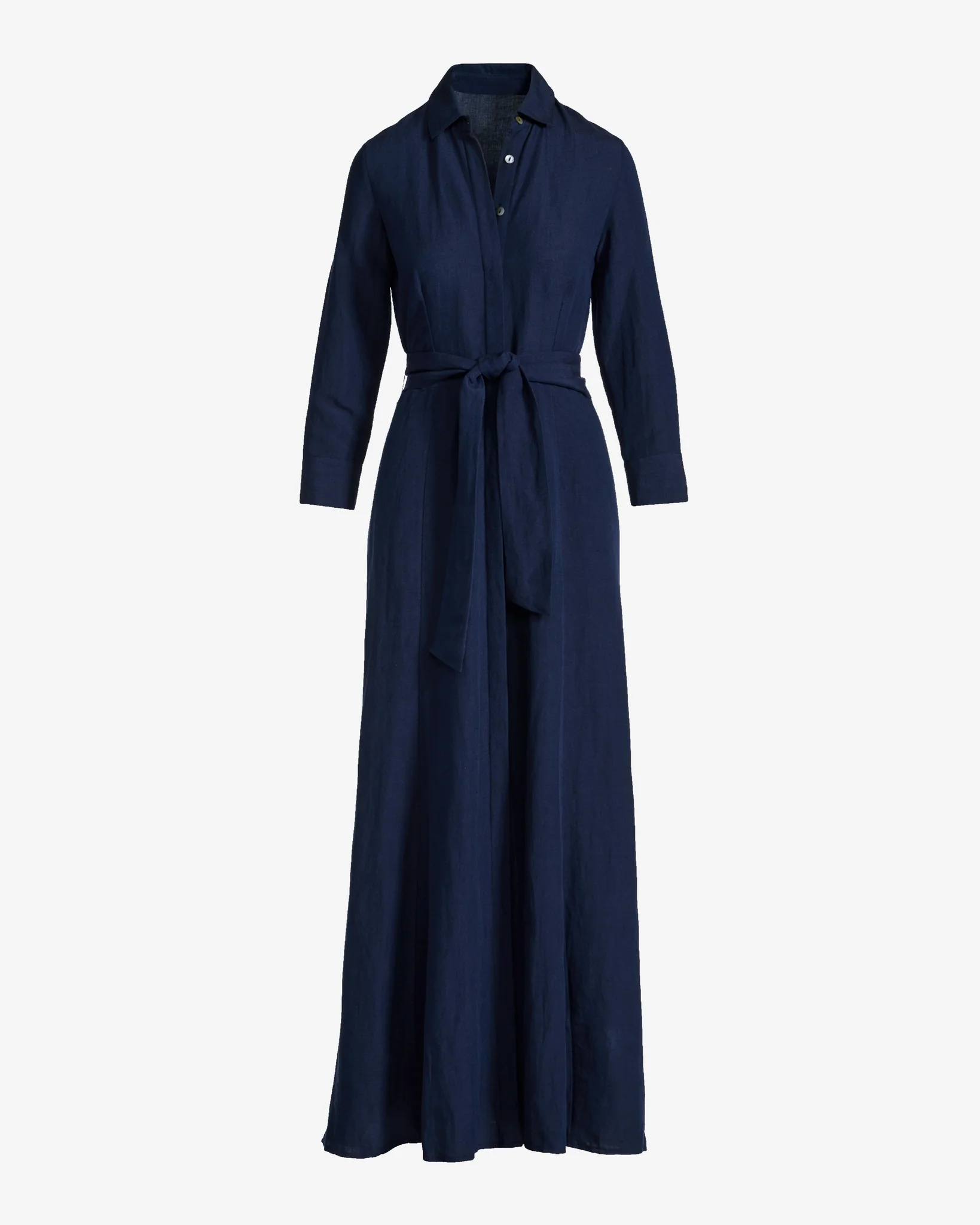 Linen Three Quarter Sleeve Maxi Shirt Dress Navy - Mycitystee