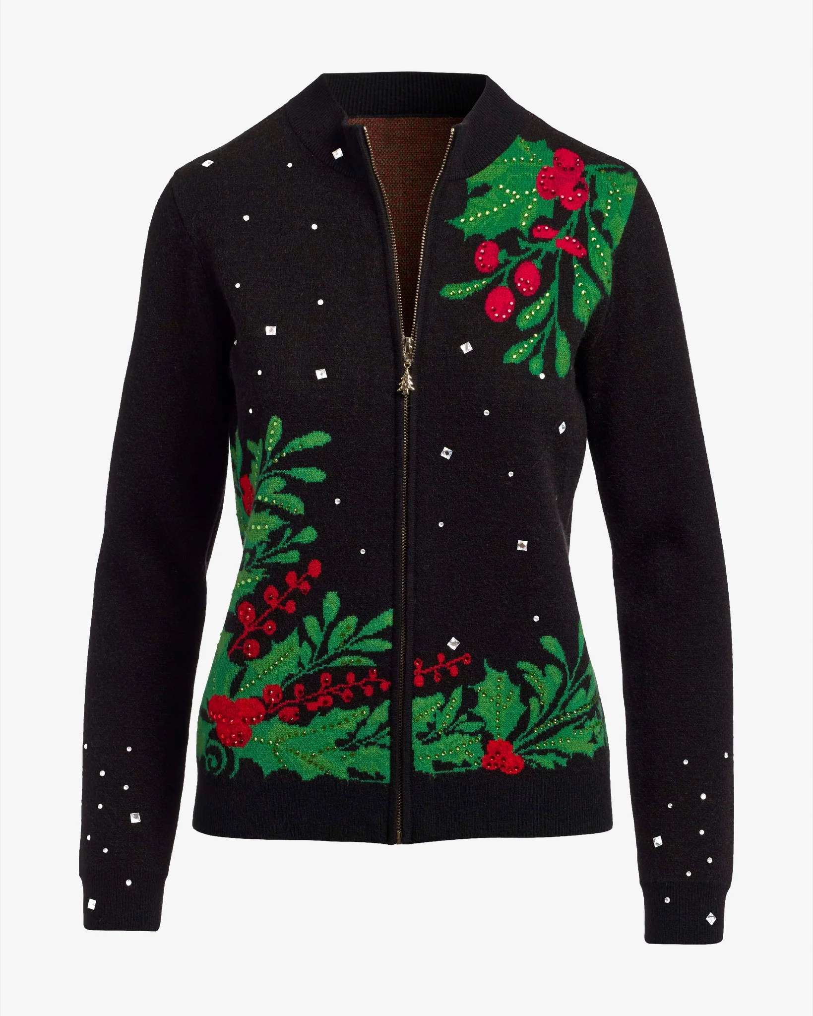 Embellished Mistletoe Zip Up Cardigan Black Multi - Mycitystee