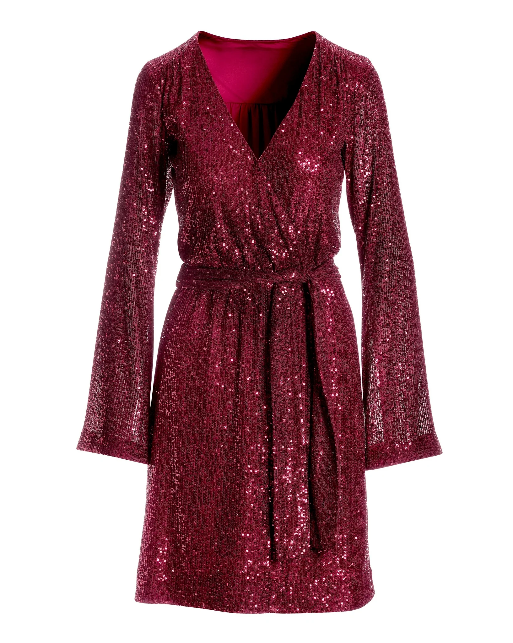 Sequin Tie Waist Bell Sleeve Dress Jester Red - Mycitystee