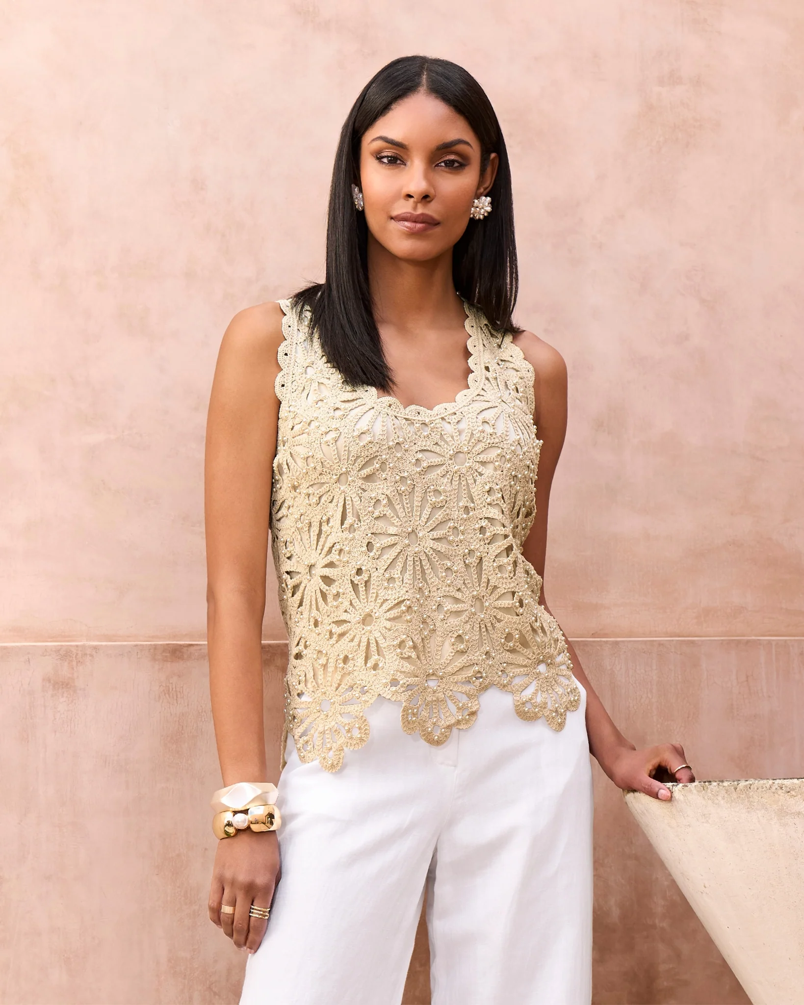 Crochet Pearl Embellished Sweater Tank Neutral - Mycitystee
