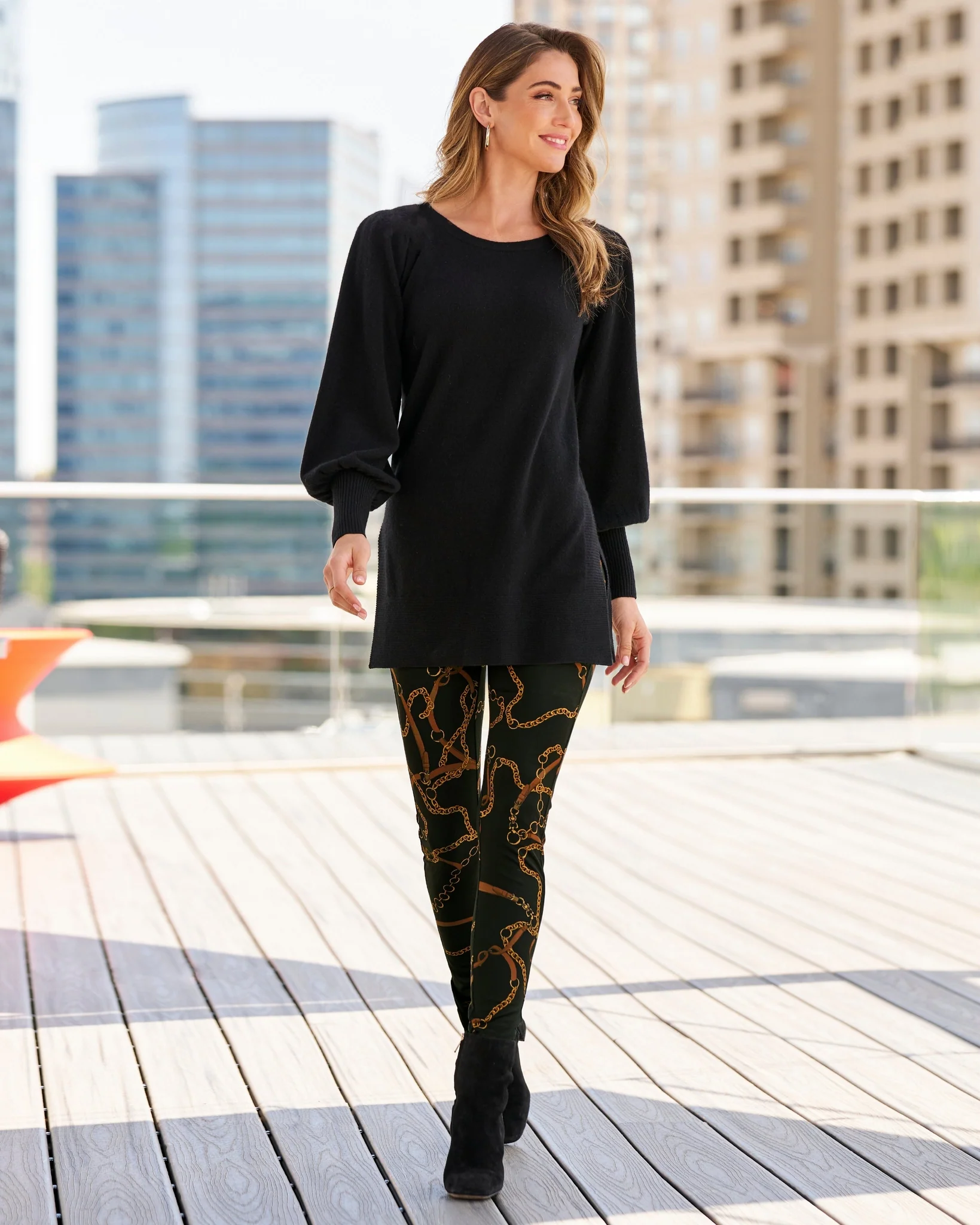 Aspen Golden Chains Print Ponte Legging Black/Gold - Mycitystee