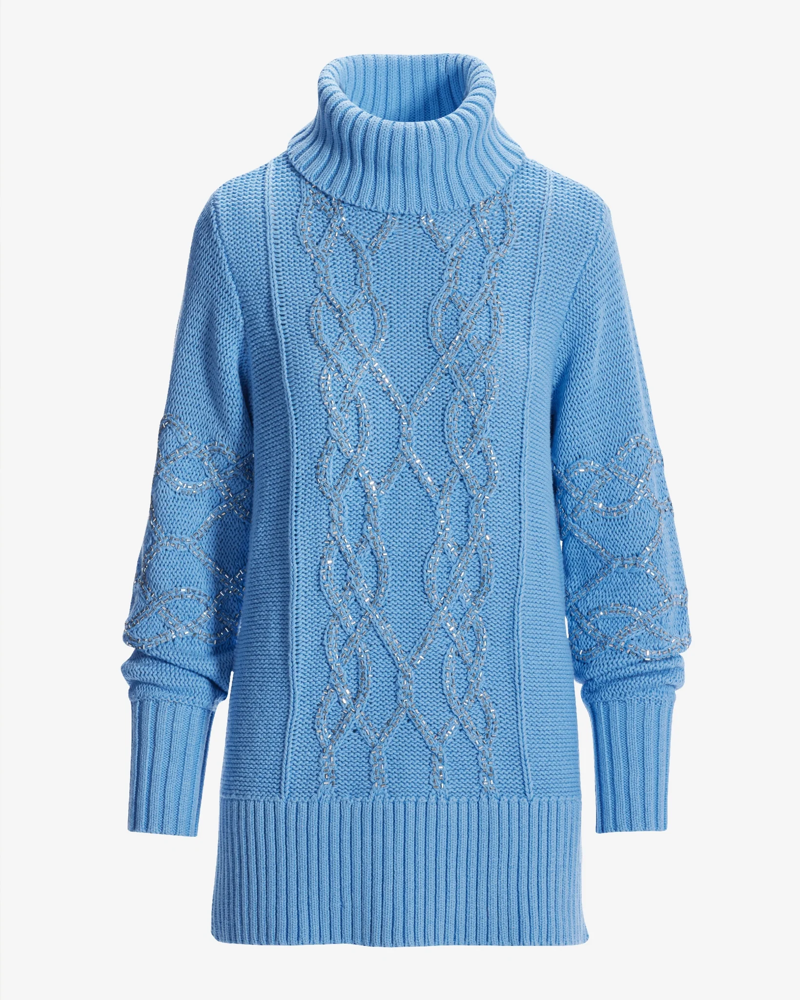 Embellished Cable Turtleneck Tunic Sweater Clear Blue Sky - Mycitystee