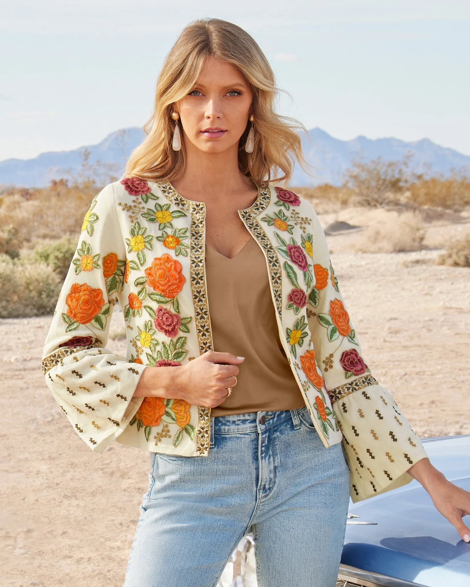Floral Embroidered Metallic Trim Jacket Multi - Mycitystee