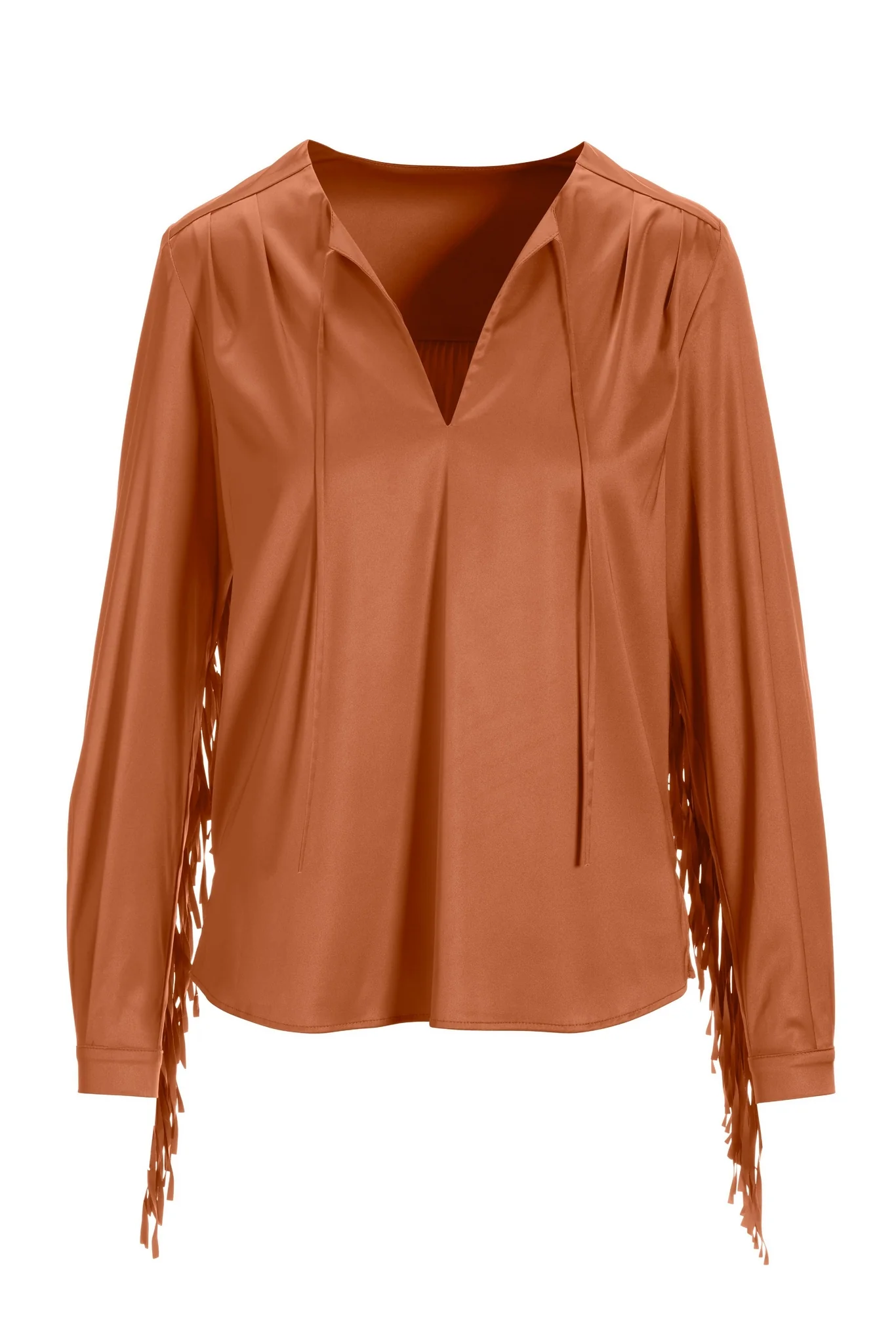 Fringe V Neck Charmeuse Blouse Peach Nectar - Mycitystee