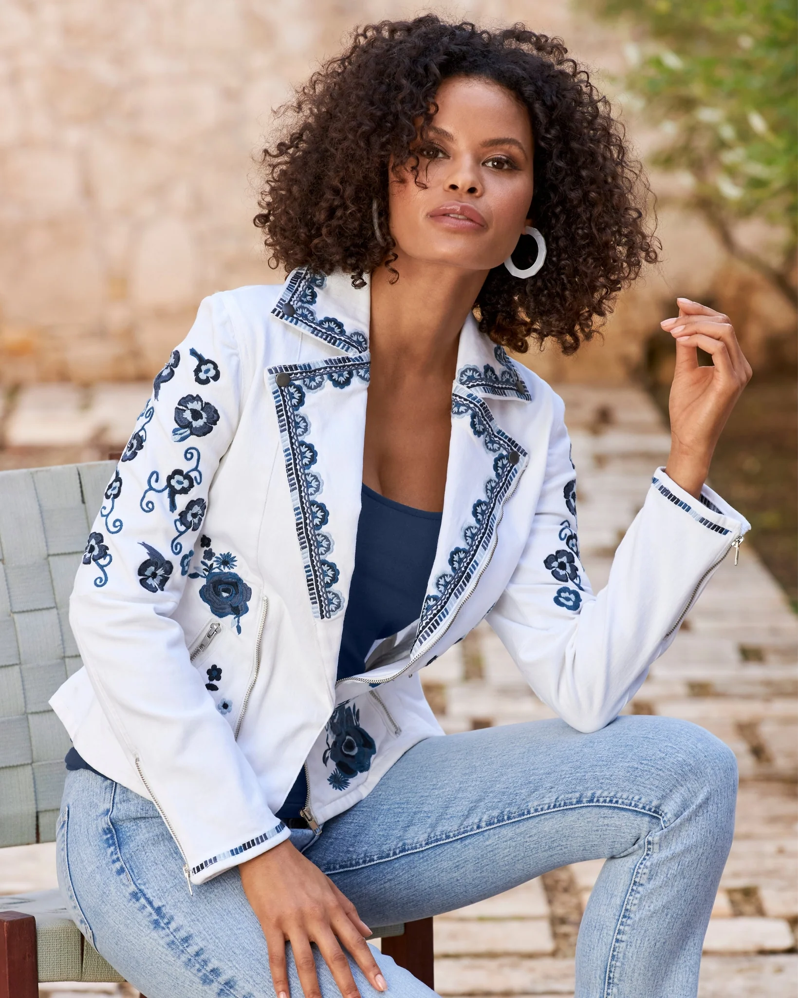 Floral Embroidered Denim Moto Jacket White Multi - Mycitystee