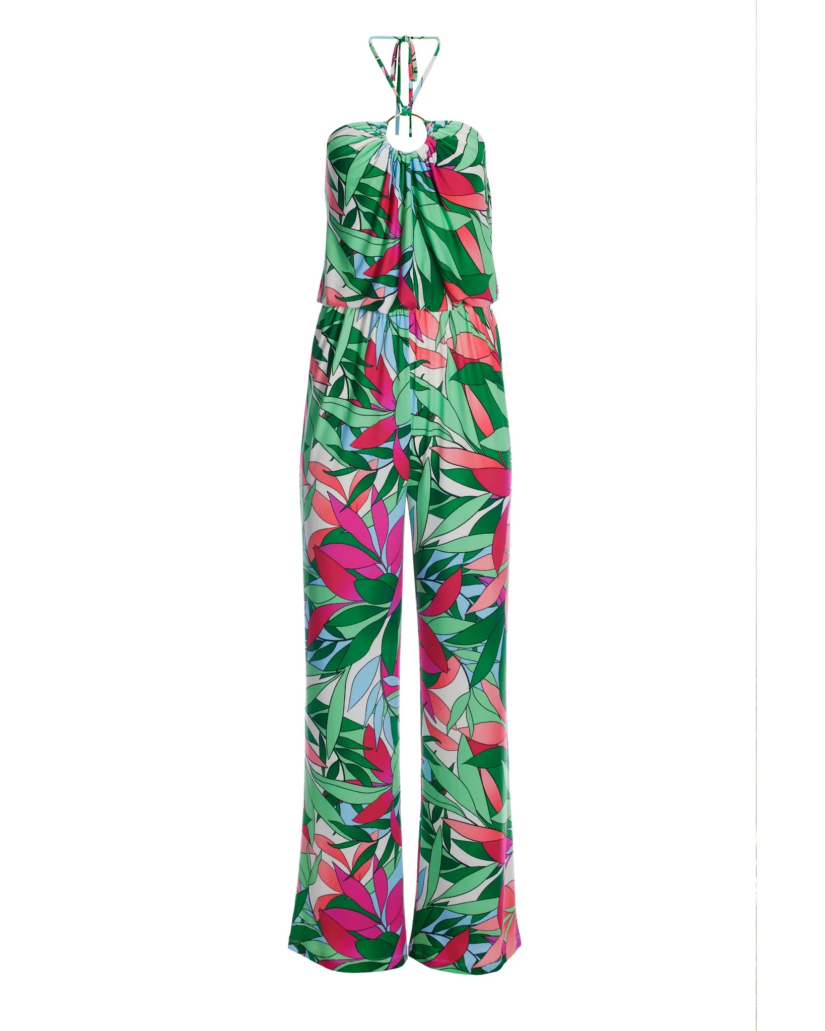 Palm Print Ring Detail Knit Blouson Jumpsuit Multi - Mycitystee