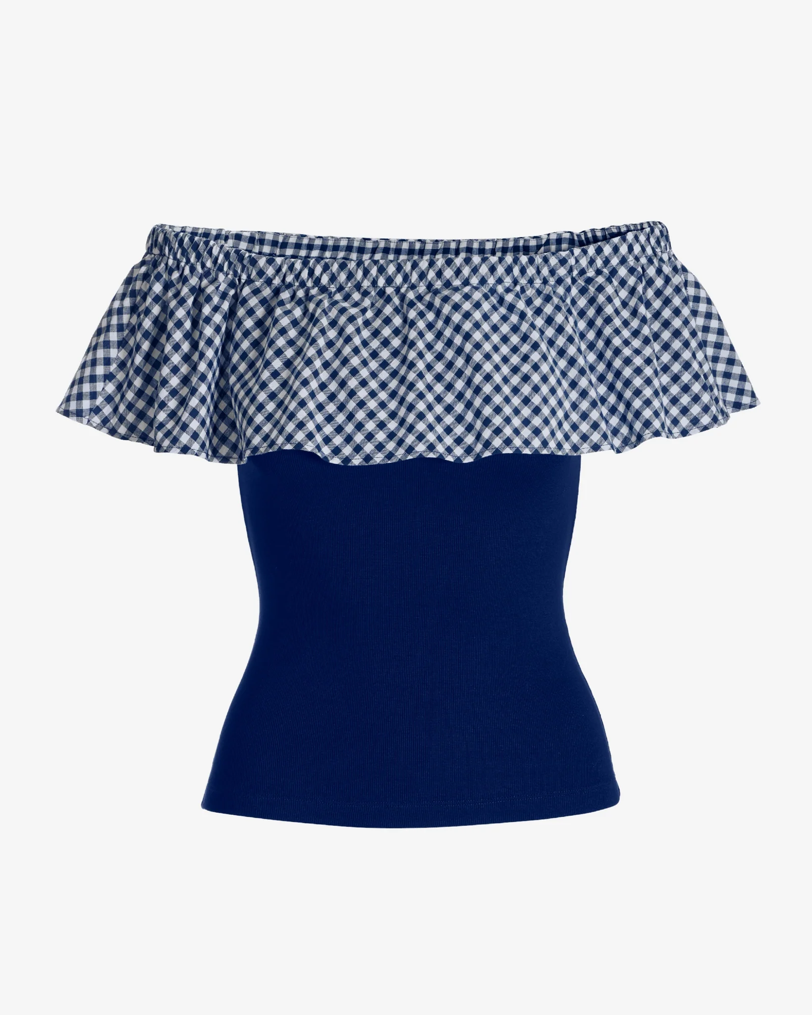 Gingham Off The Shoulder Knit Top Navy - Mycitystee