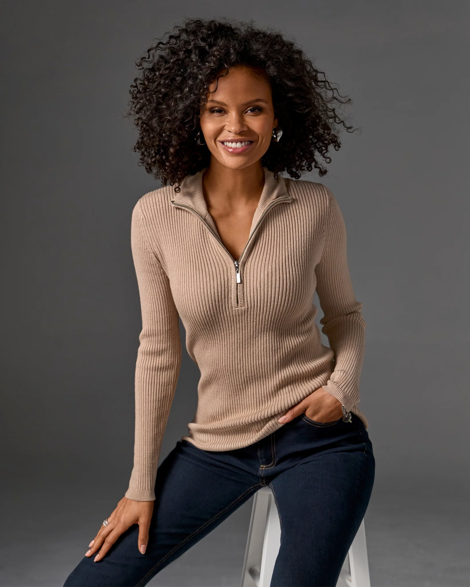 Ribbed Half Zip Up Sweater Sesame - Mycitystee