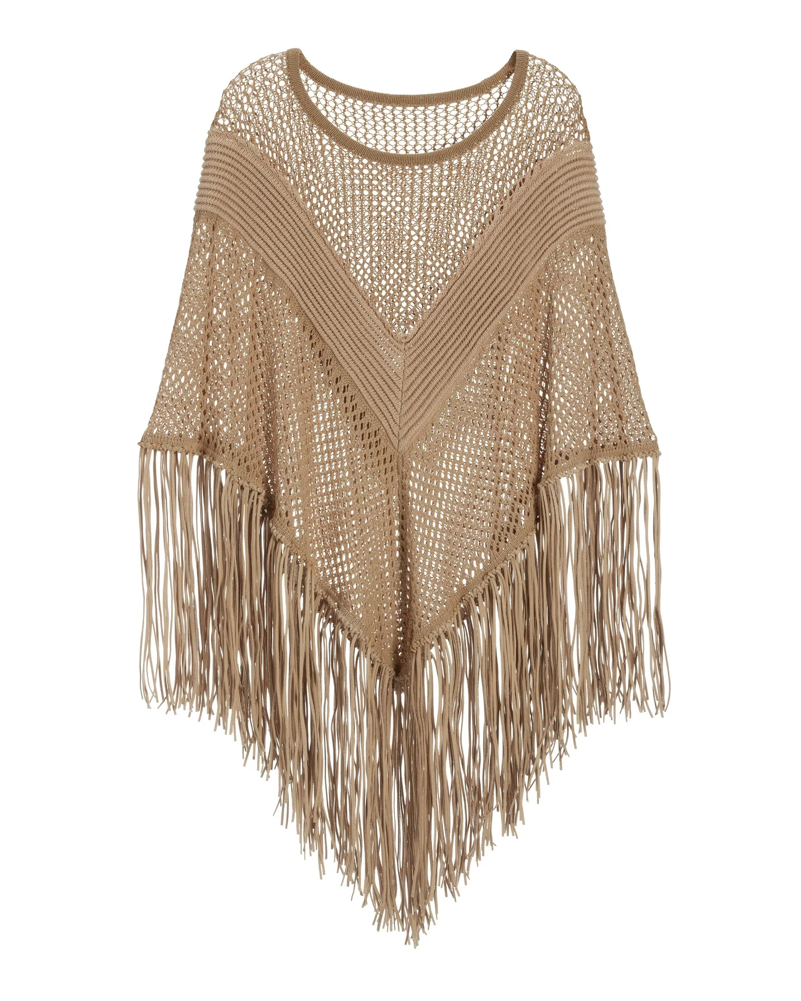 Faux Suede Fringe Poncho Sesame - Mycitystee