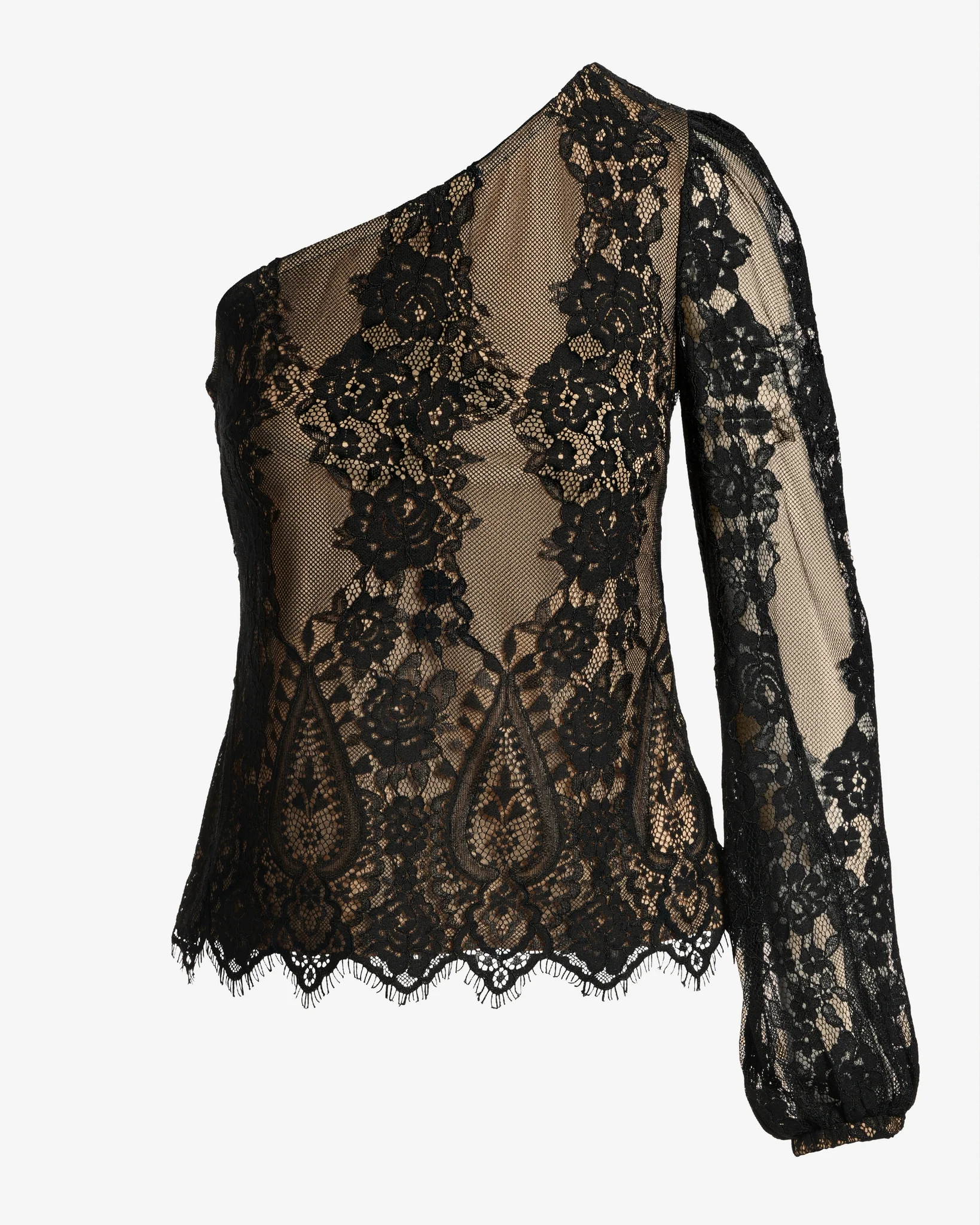 Lace One Shoulder Balloon Sleeve Knit Top Proper Black - Mycitystee