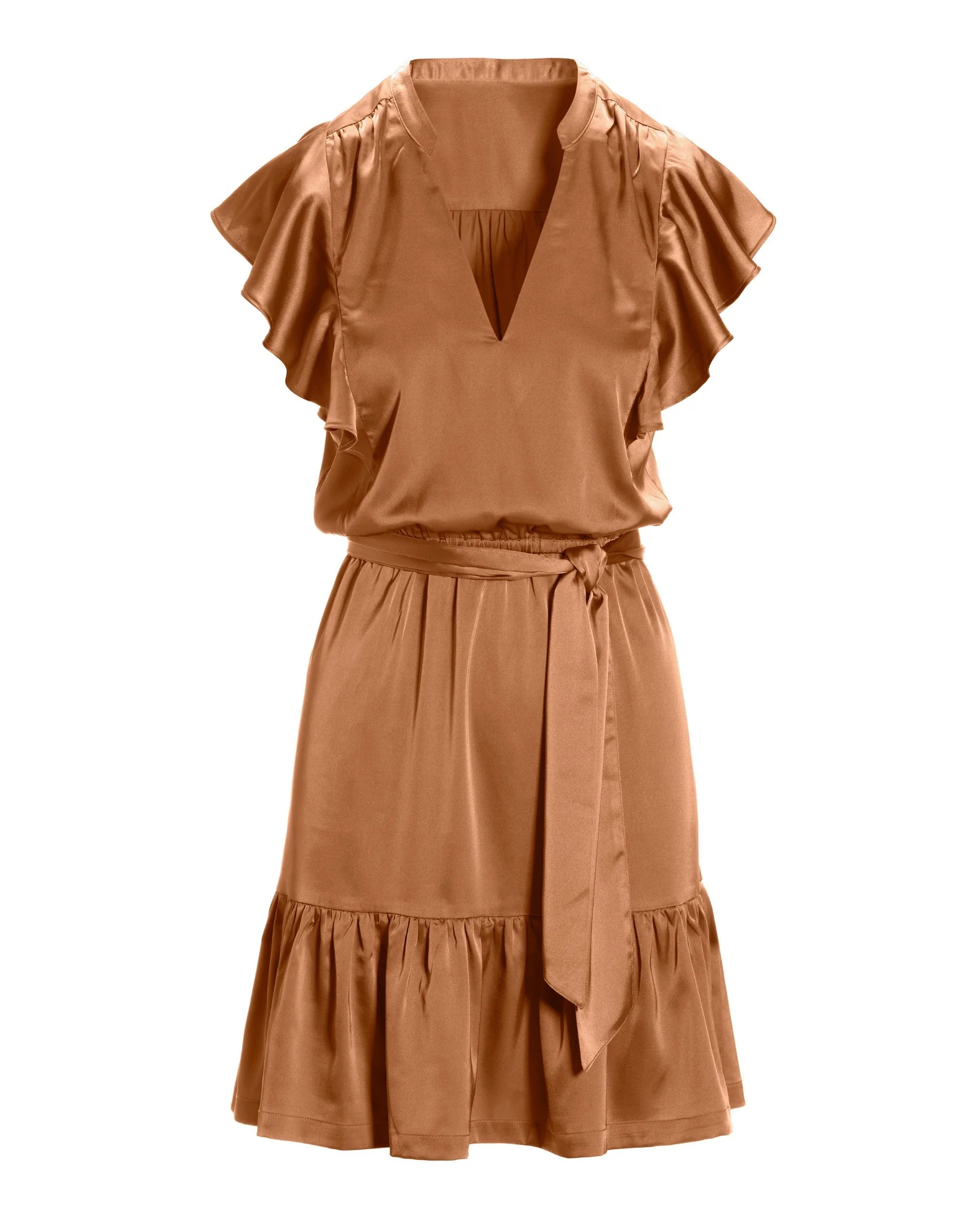 Tie Waist Ruffle Detail Charmeuse Dress Cognac - Mycitystee