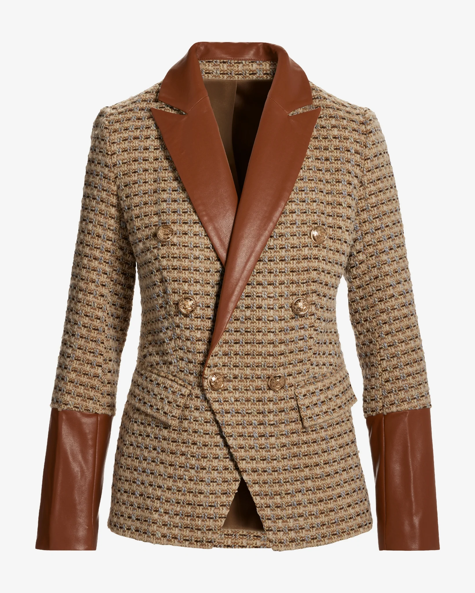 Faux Leather Trim Neutral Tweed Double Breasted Blazer Cognac Multi - Mycitystee