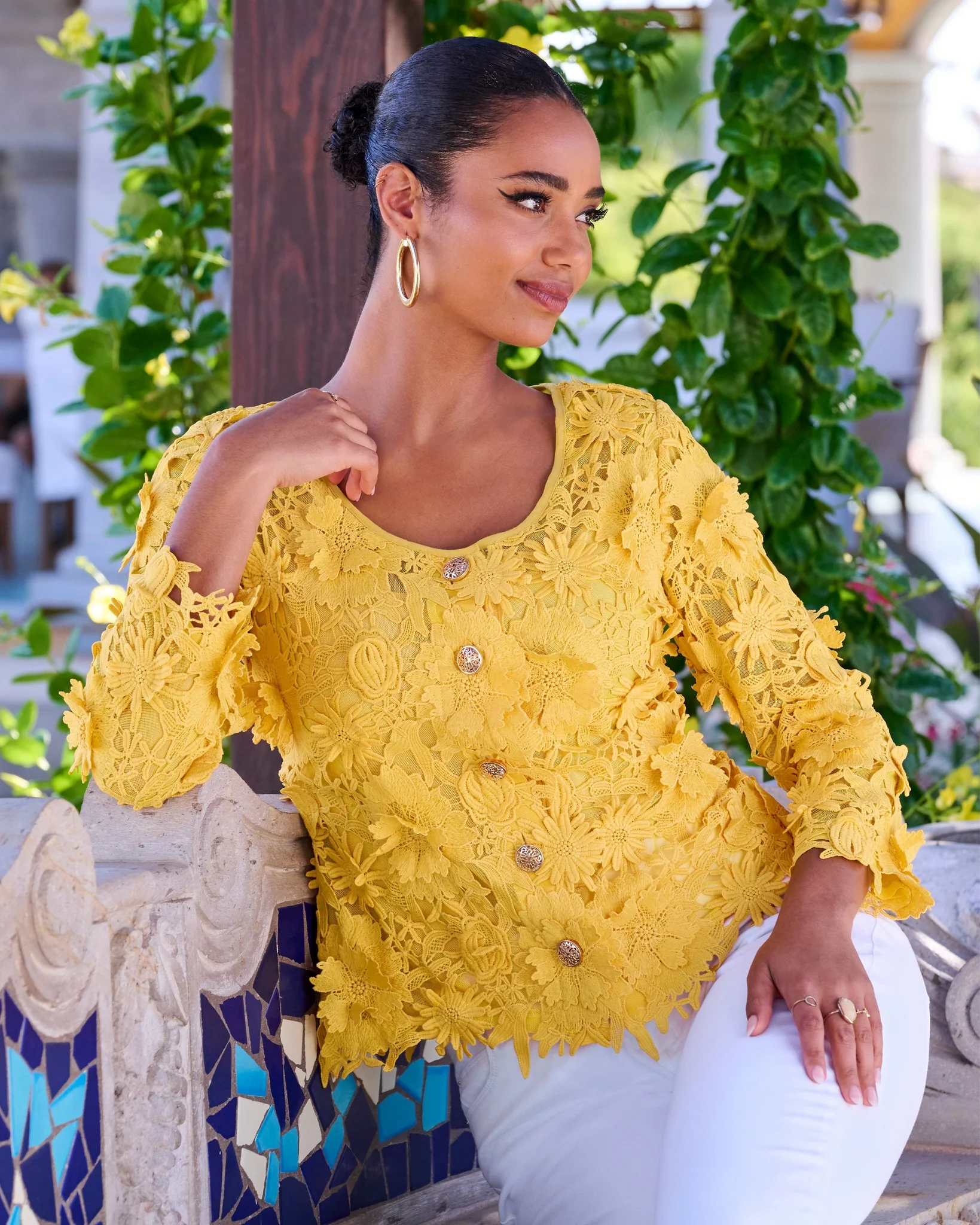Three-Quarter Sleeve 3D Floral Lace Jacket Lemon Drop - Mycitystee