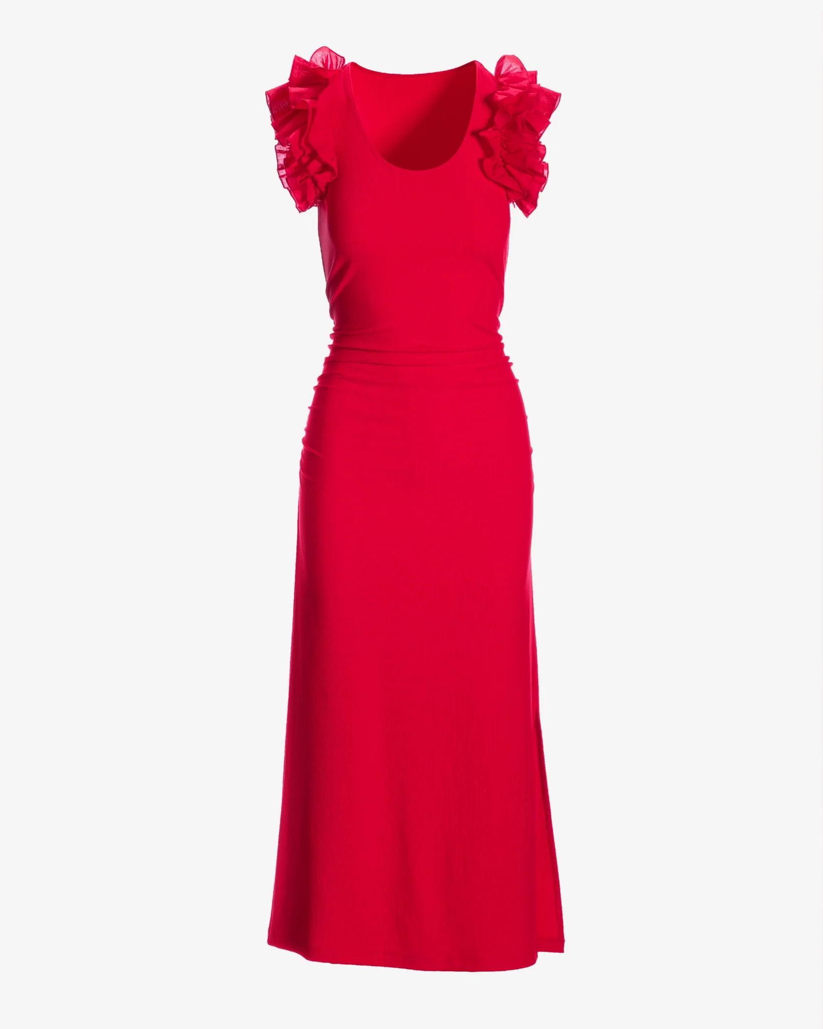 Ruffle Knit Rib Ruched Dress Racing Red - Mycitystee