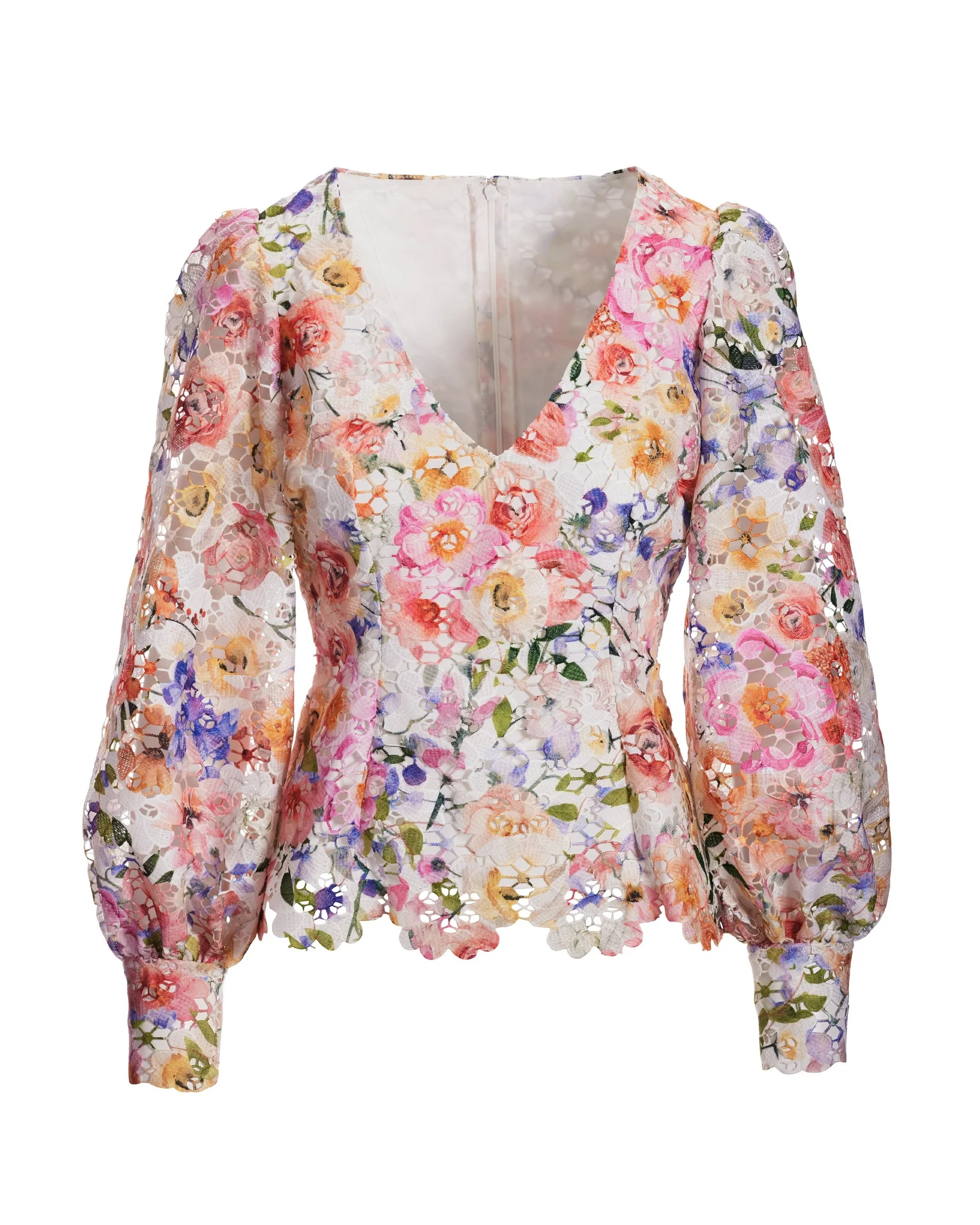 Floral Printed Lace V-Neck Long-Sleeve Blouse White Multi - Mycitystee