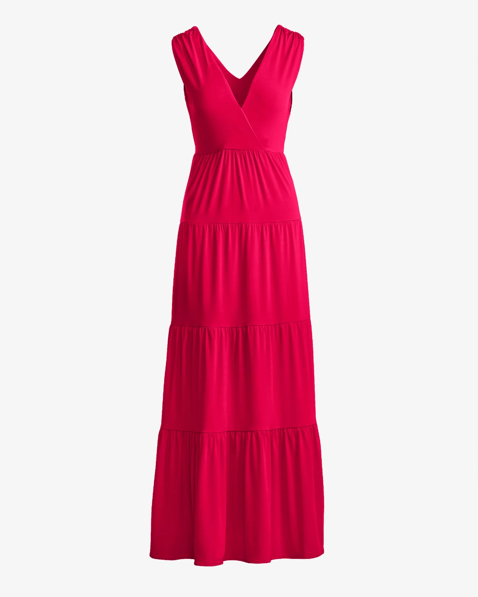 V Neck Tiered Knit Maxi Dress Rose Red - Mycitystee