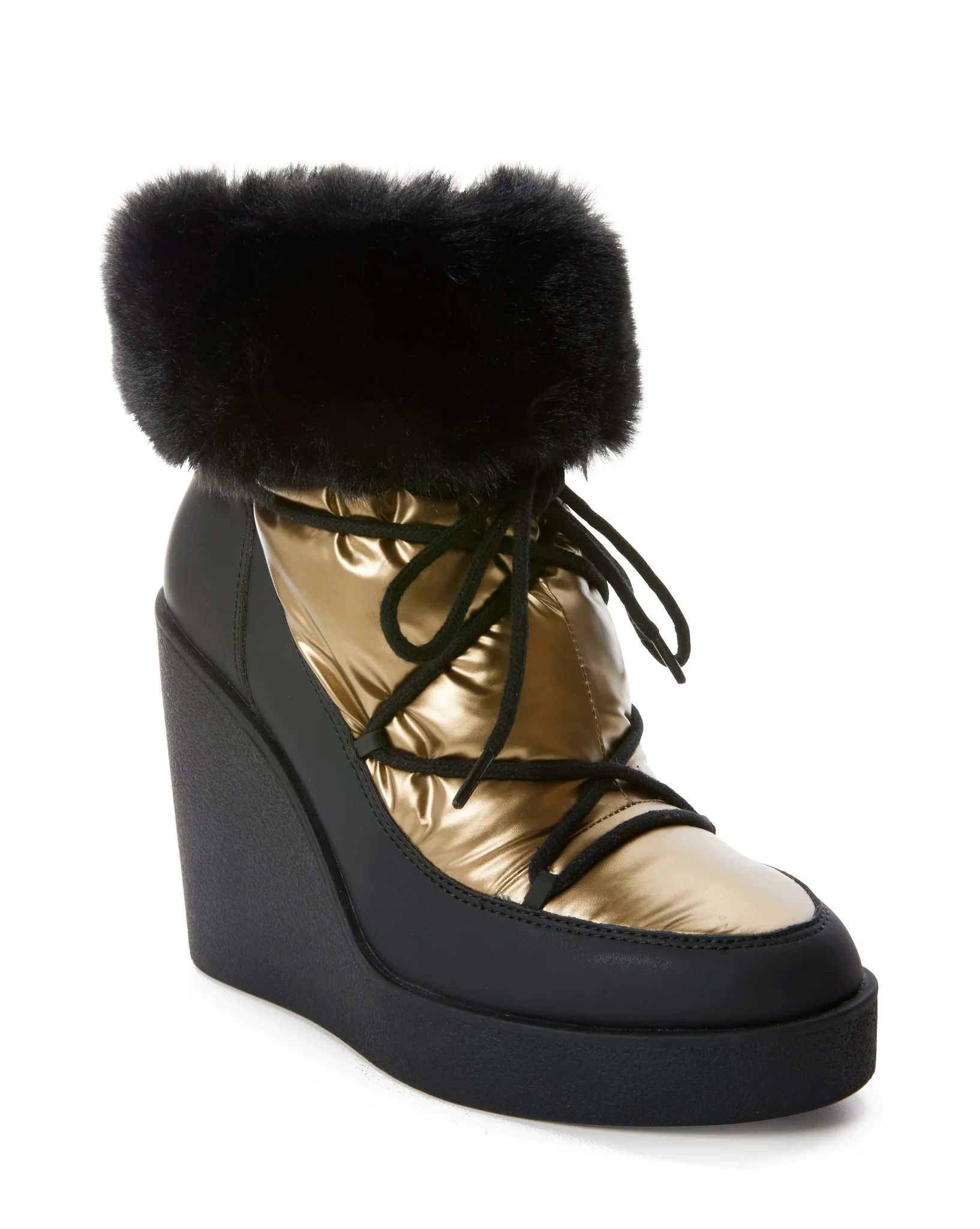 Fur Trim Wedge Bootie Black/Gold - Mycitystee