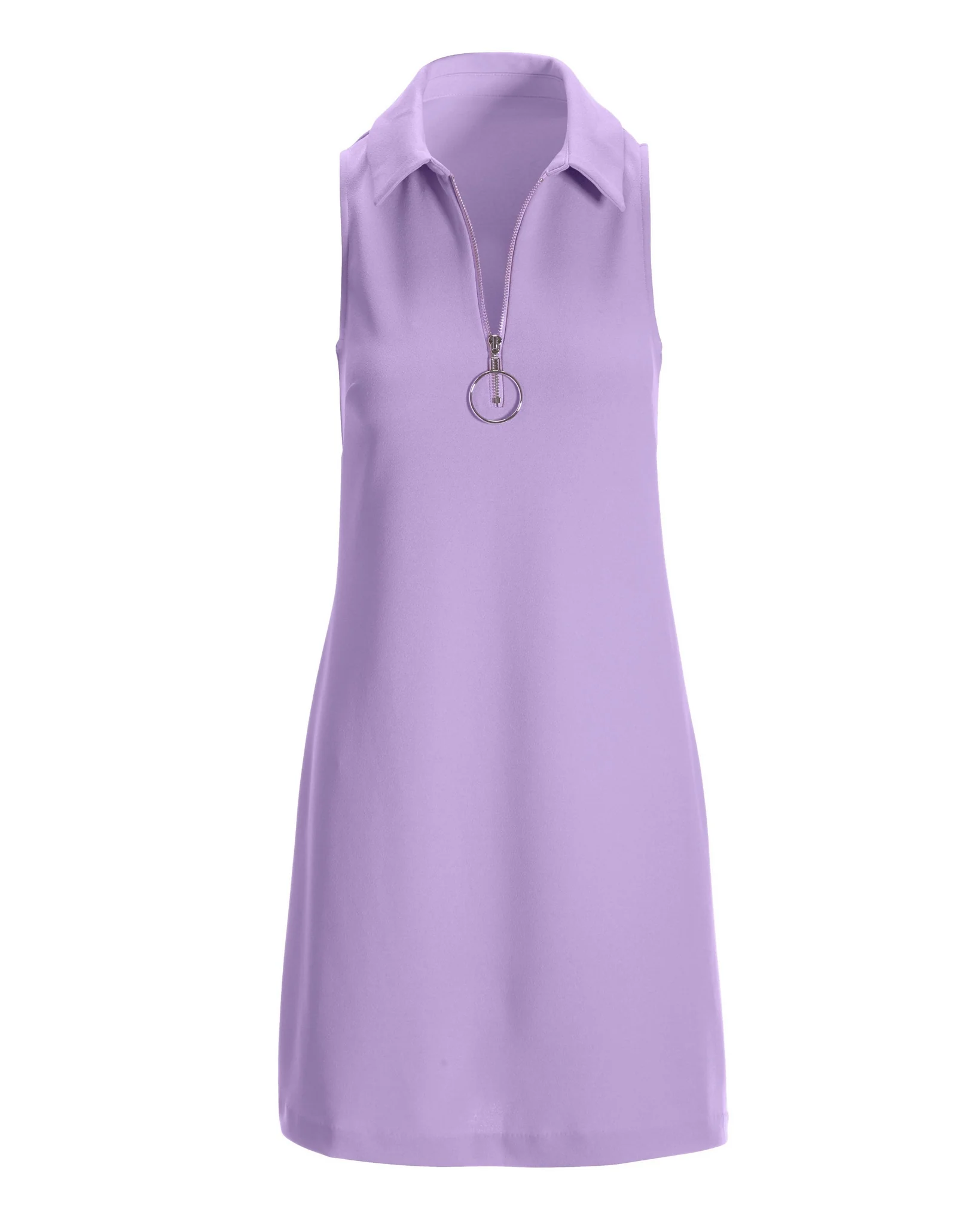 Solid Zippered Front Sleeveless Collared Dress Lavender - Mycitystee