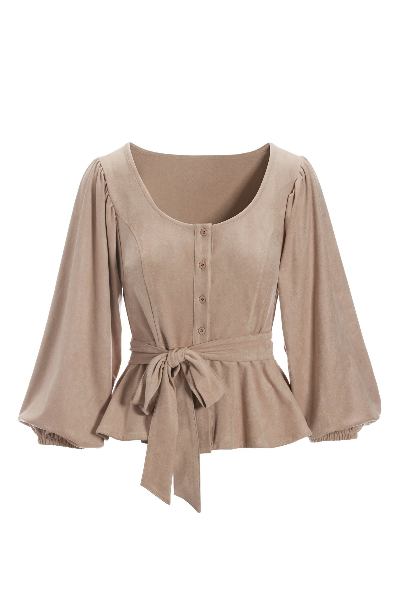Faux Suede Button Down Puff Sleeve Top Tan - Mycitystee