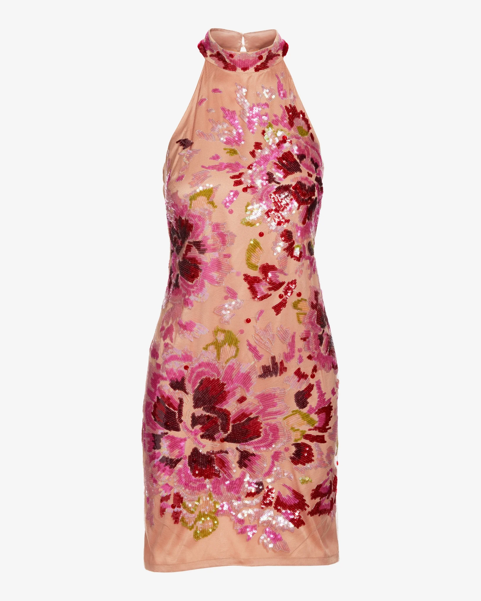 Placed Floral Sequin Mesh High Neck Sheath Dress Pink Multi - Mycitystee