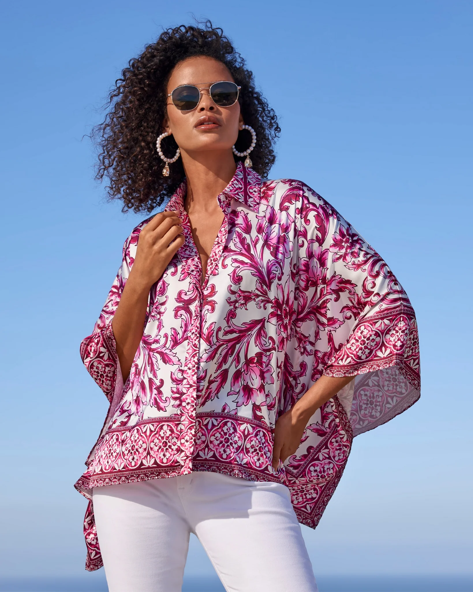 Bella Vita Border Print Roxy Poncho charmeuse blouse Pink Multi - Mycitystee