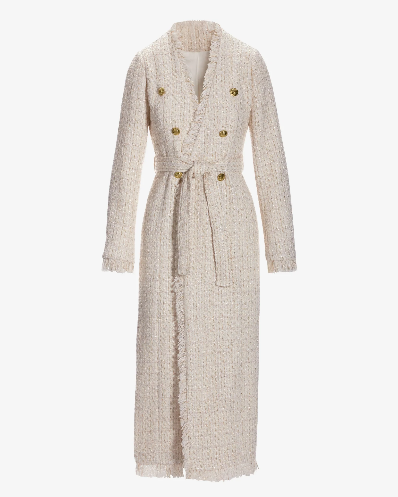 Tweed Metallic Tie Waist Duster Off White/Gold - Mycitystee