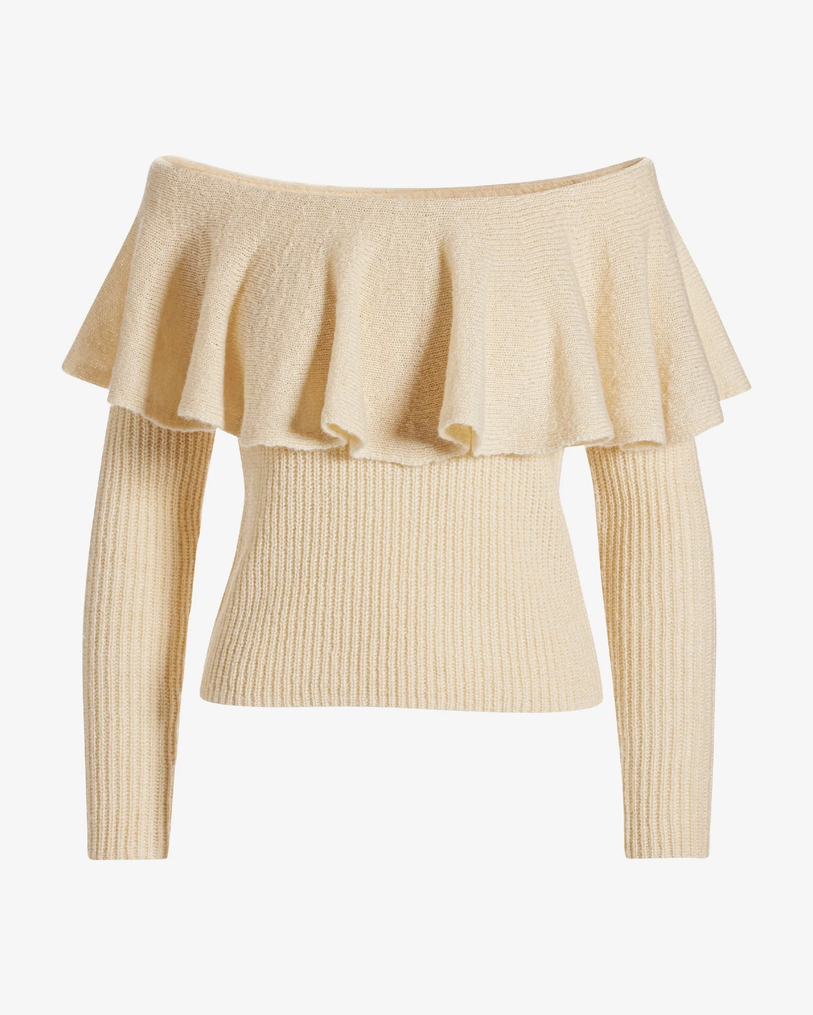 Off The Shoulder Ruffle Sweater Sandshell - Mycitystee