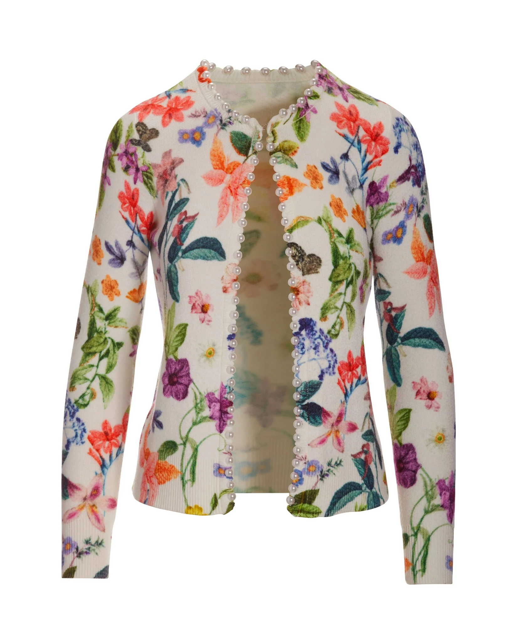 Floral Pearl Trim Cardigan White Multi - Mycitystee