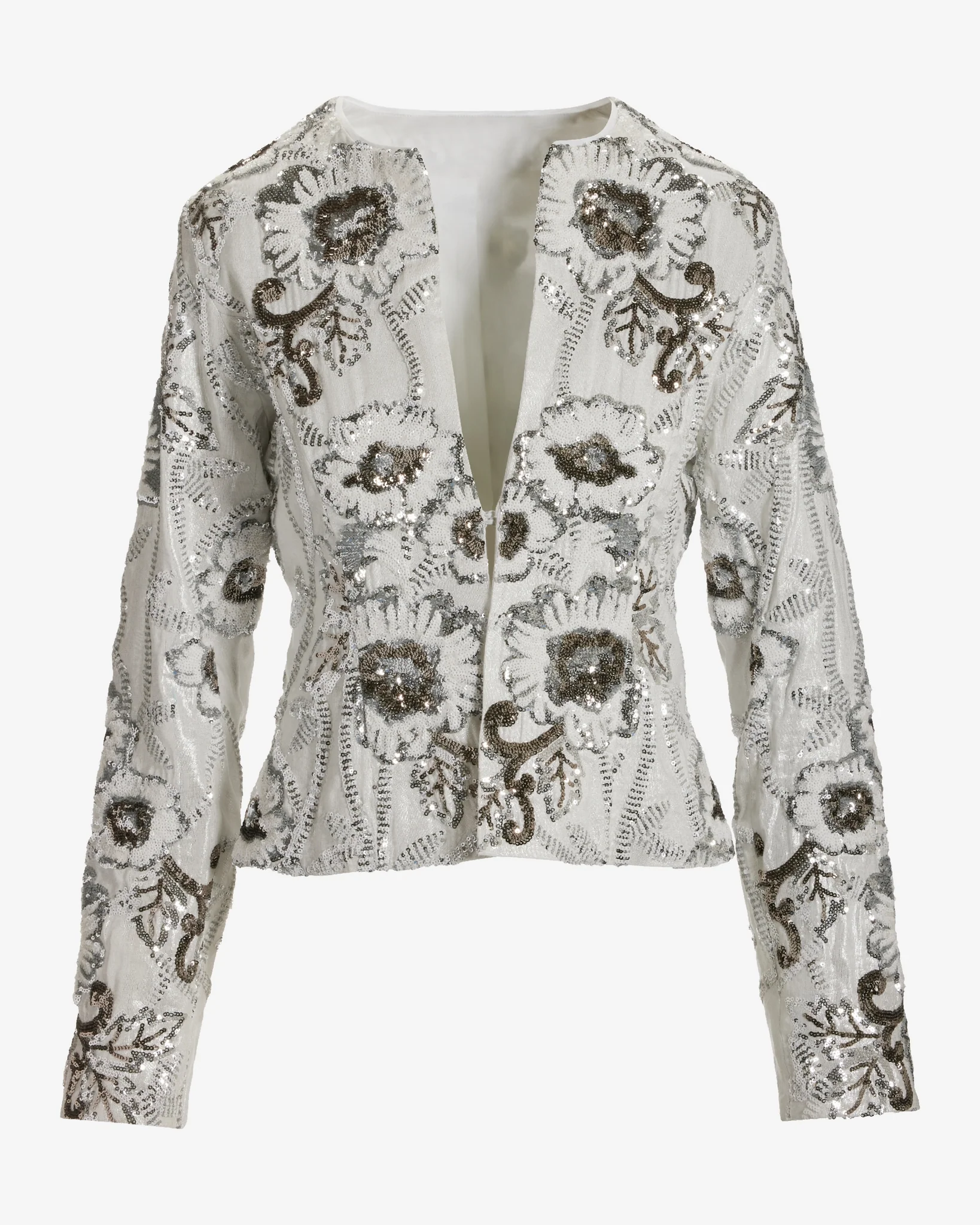 Floral Sequin Embellished Shimmer Linen Jacket White Silver - Mycitystee