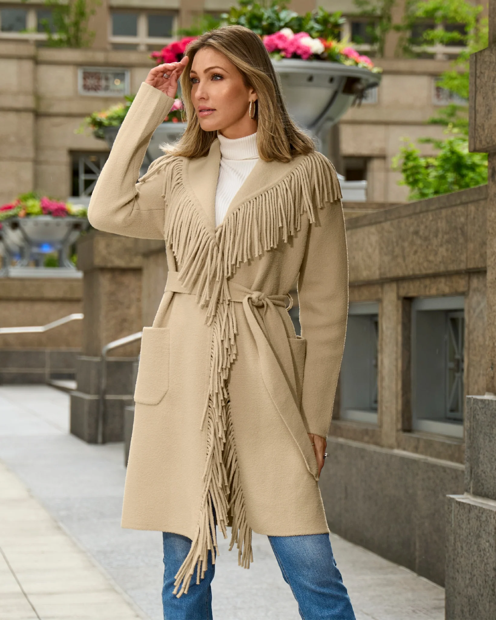 Fringe Tie Waist Coatigan Camel - Mycitystee