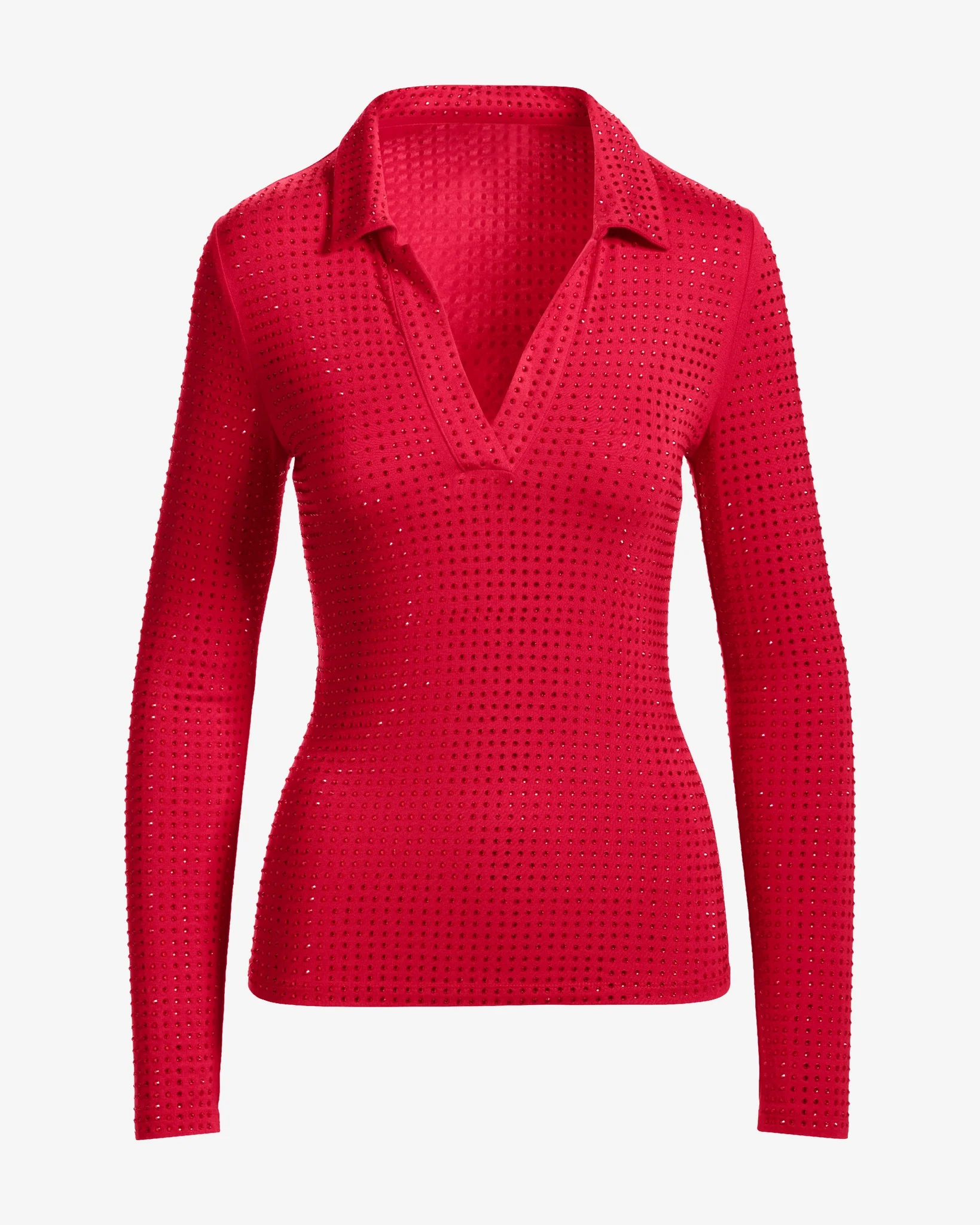 All Over Rhinestone Collared Top Lipstick Red - Mycitystee