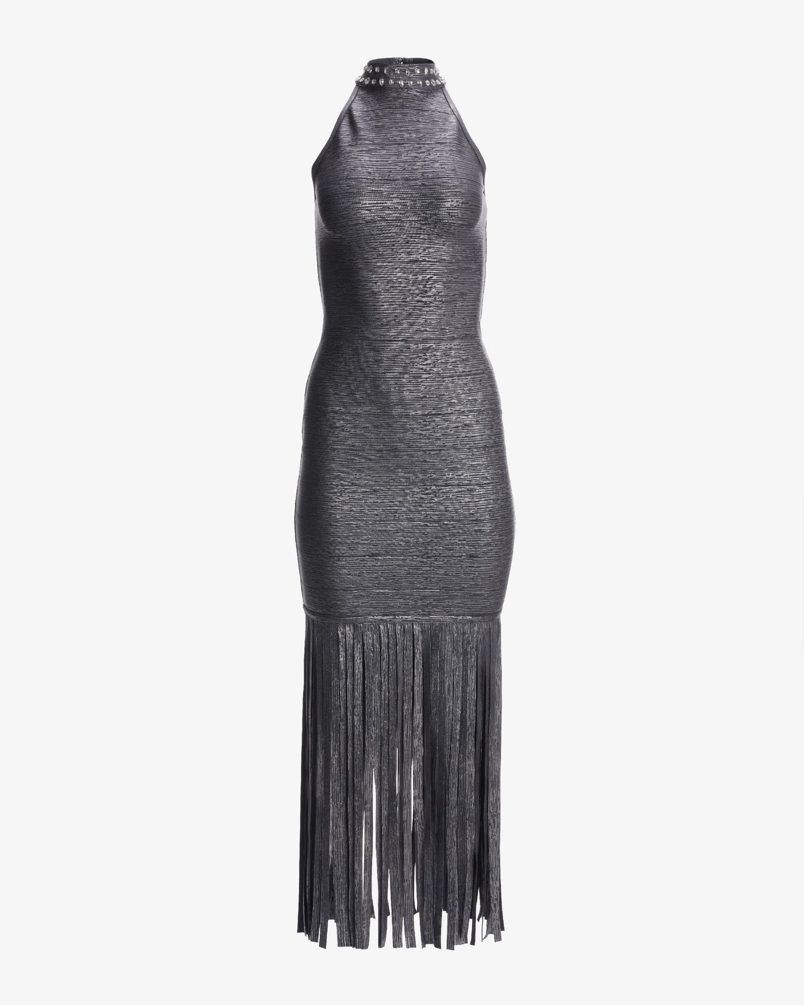 Mock Neck Embellished Bandage Fringe Maxi Dress Gray/Silver - Mycitystee