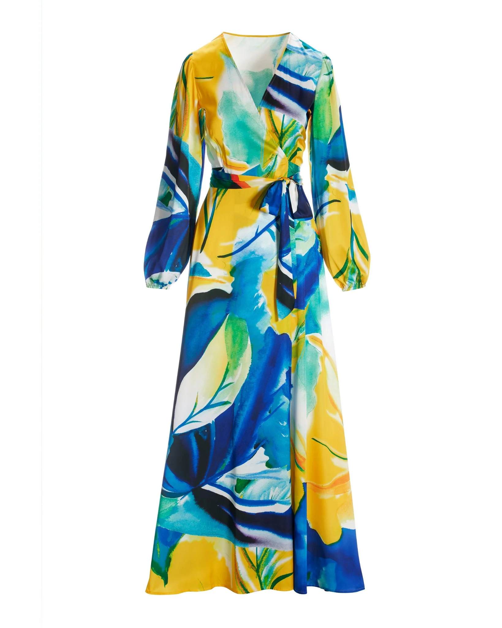 Valencia Florals Print Charmeuse Wrap Maxi Dress Blue/Yellow - Mycitystee