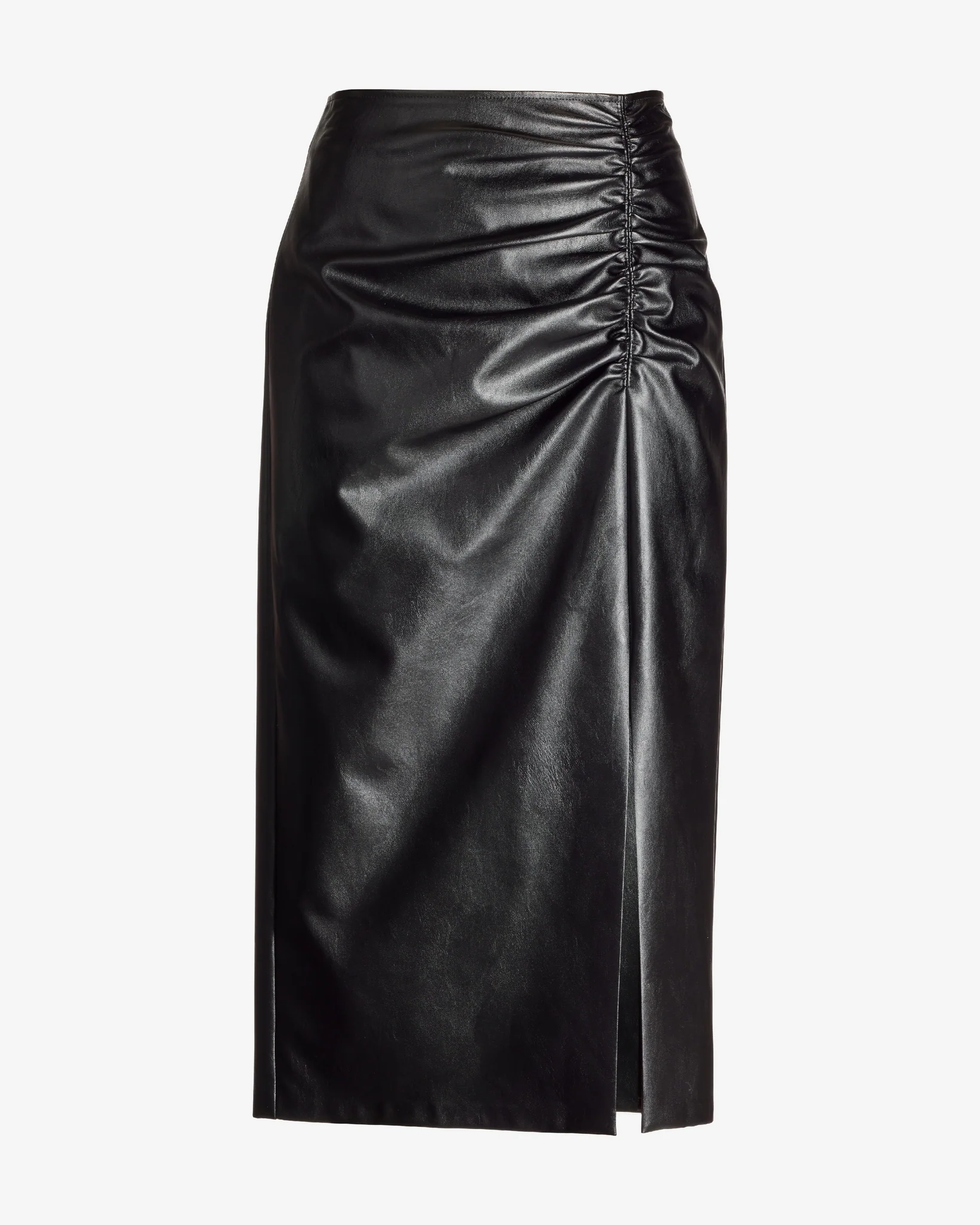 Faux Leather Ruched Midi Skirt Black - Mycitystee