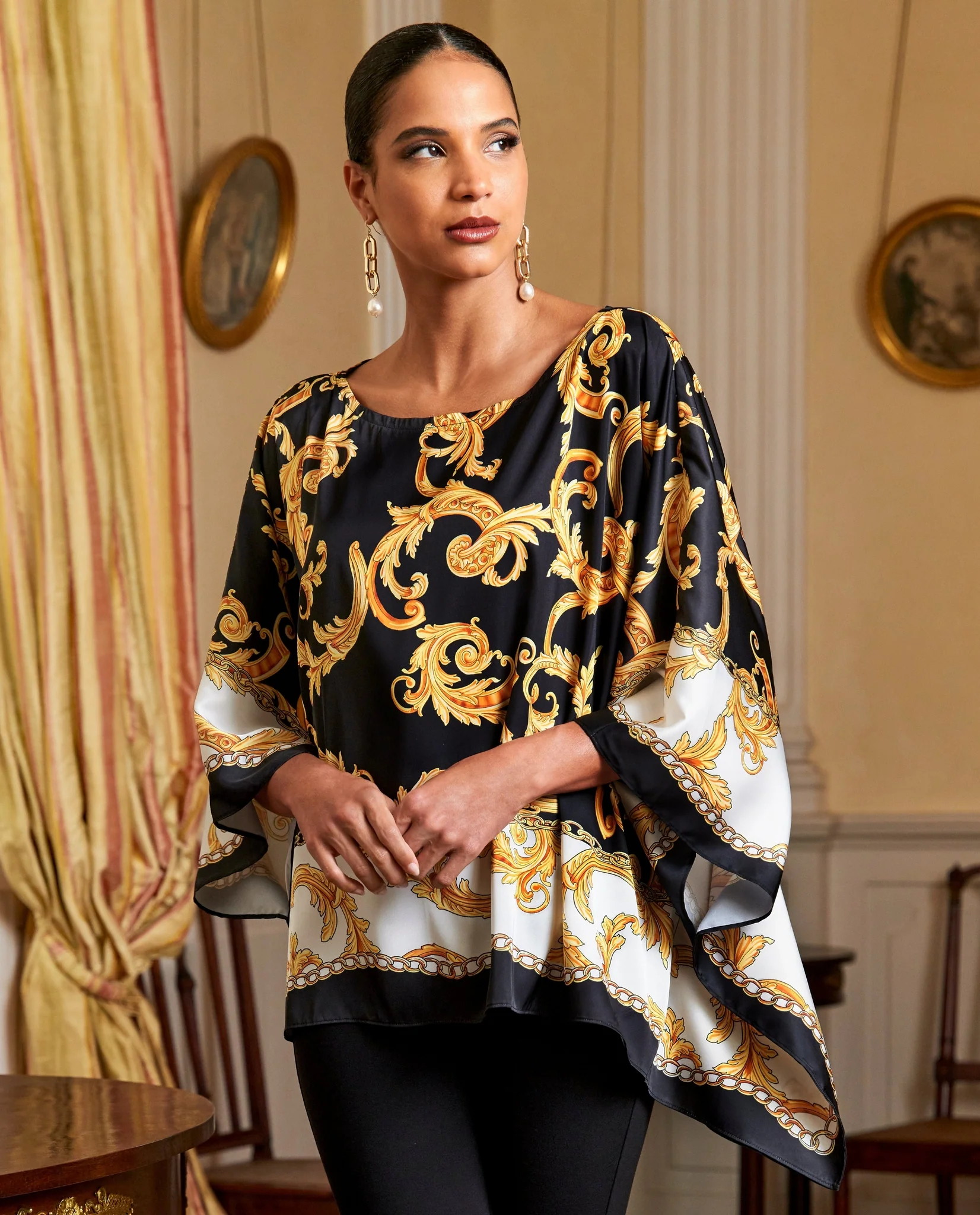 Regal Status Print Kimberly Poncho Charmeuse Blouse Black/Gold - Mycitystee