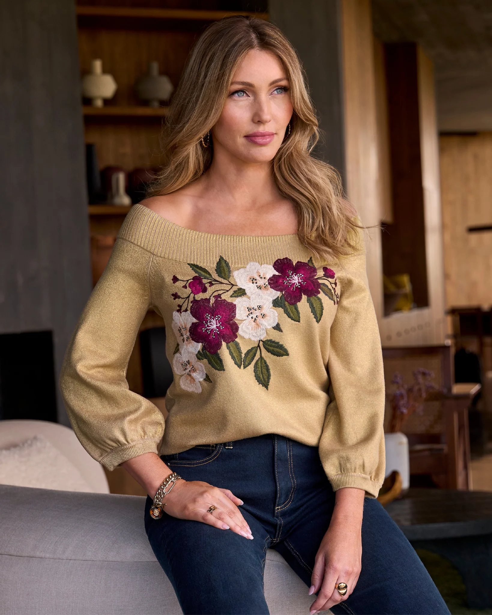Floral Embroidered Slouchy Sweater Gold - Mycitystee