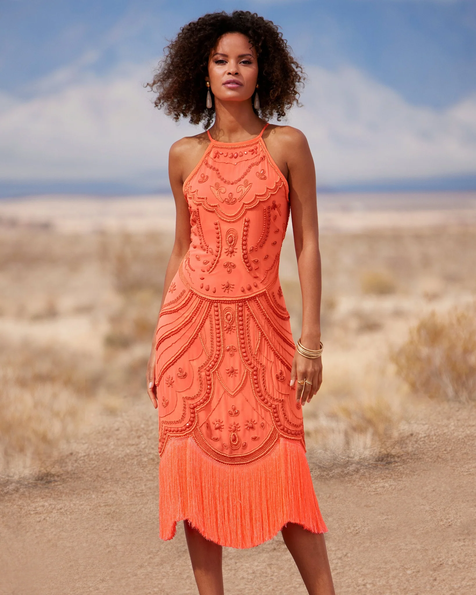 Hand Beaded Fringe Shift Dress Coral - Mycitystee