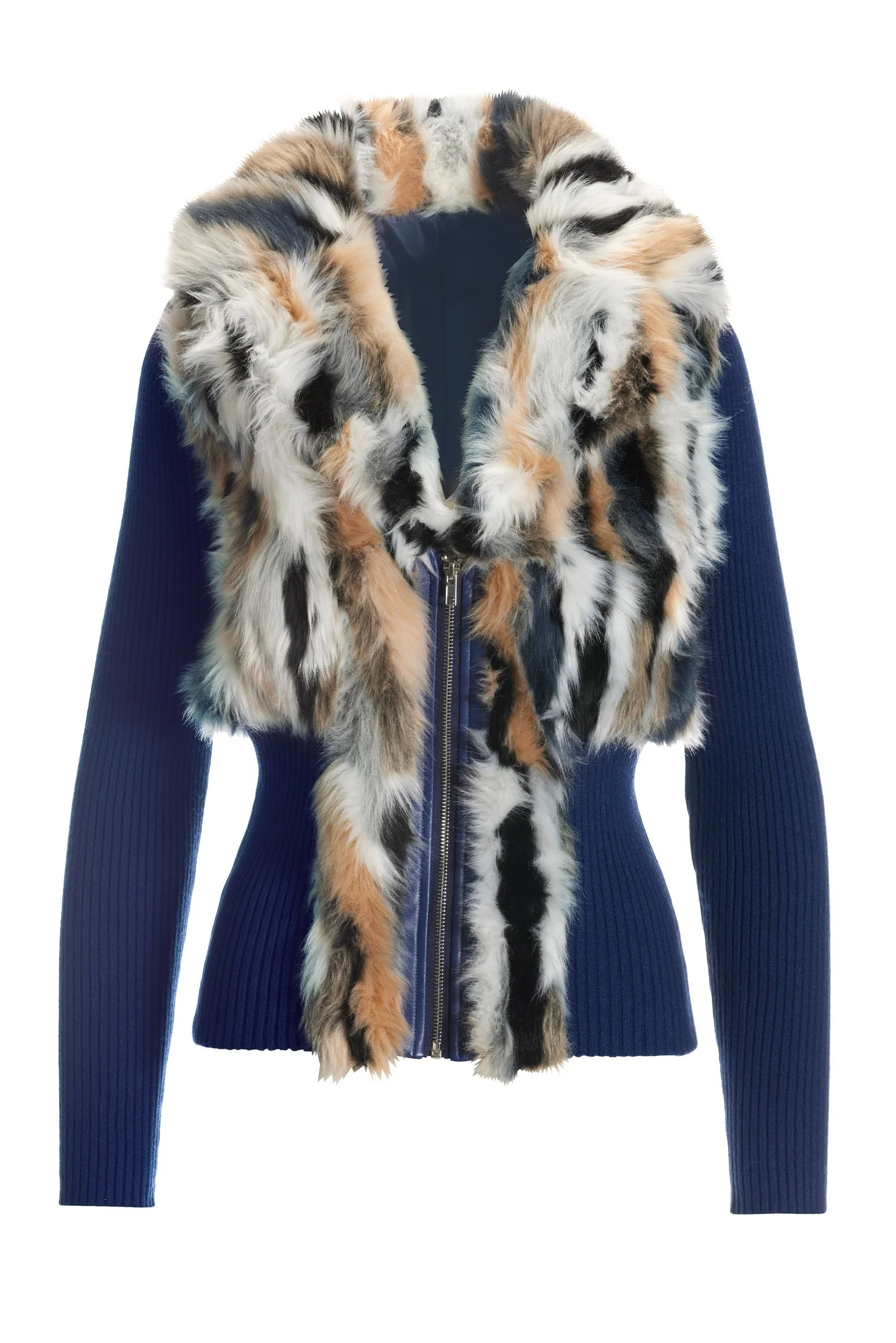 Faux Fur Zip Up Cardigan Blue Multi - Mycitystee