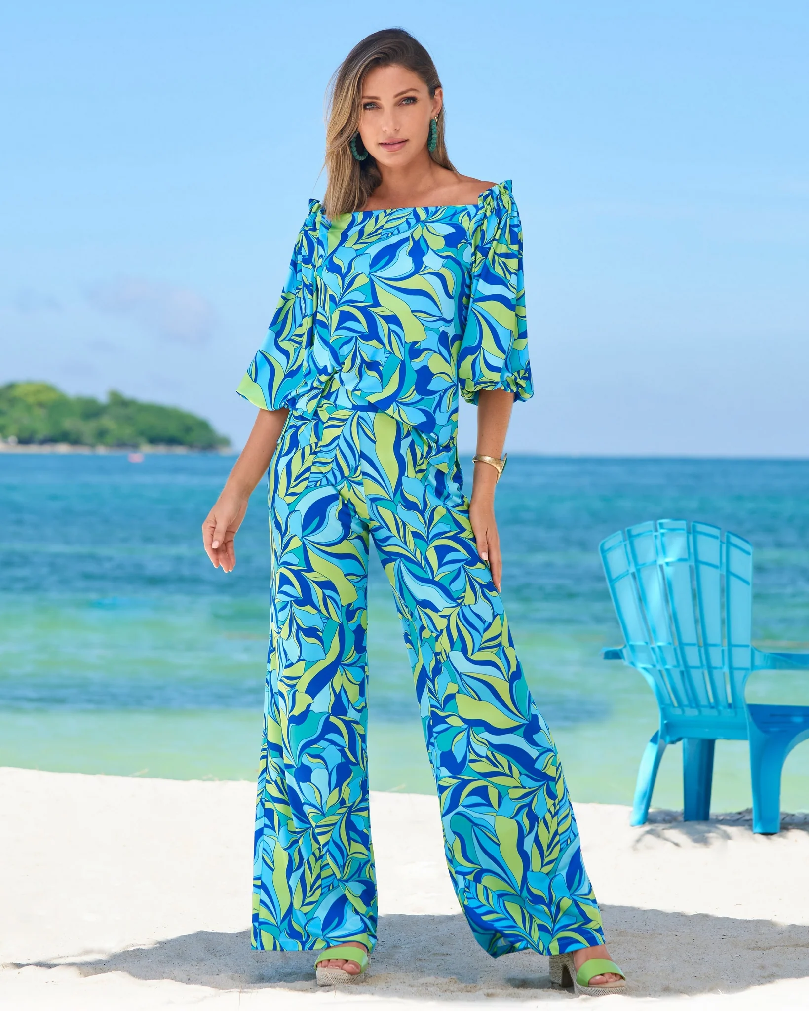 Malibu Limelight Leaves Print Knit Palazzo Pant Green/Teal - Mycitystee