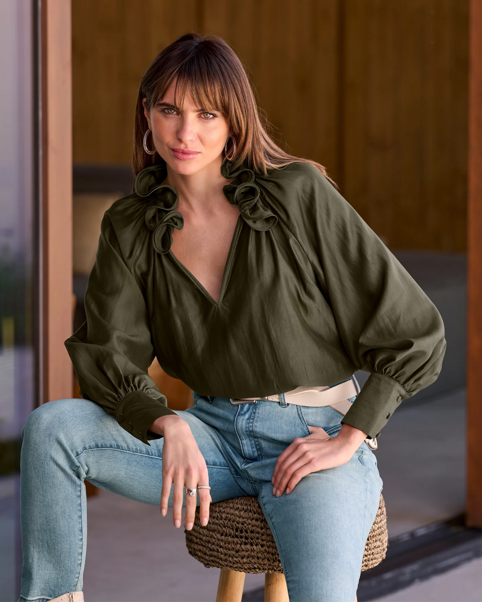 Ruffle Collar Blouse Olive Night - Mycitystee