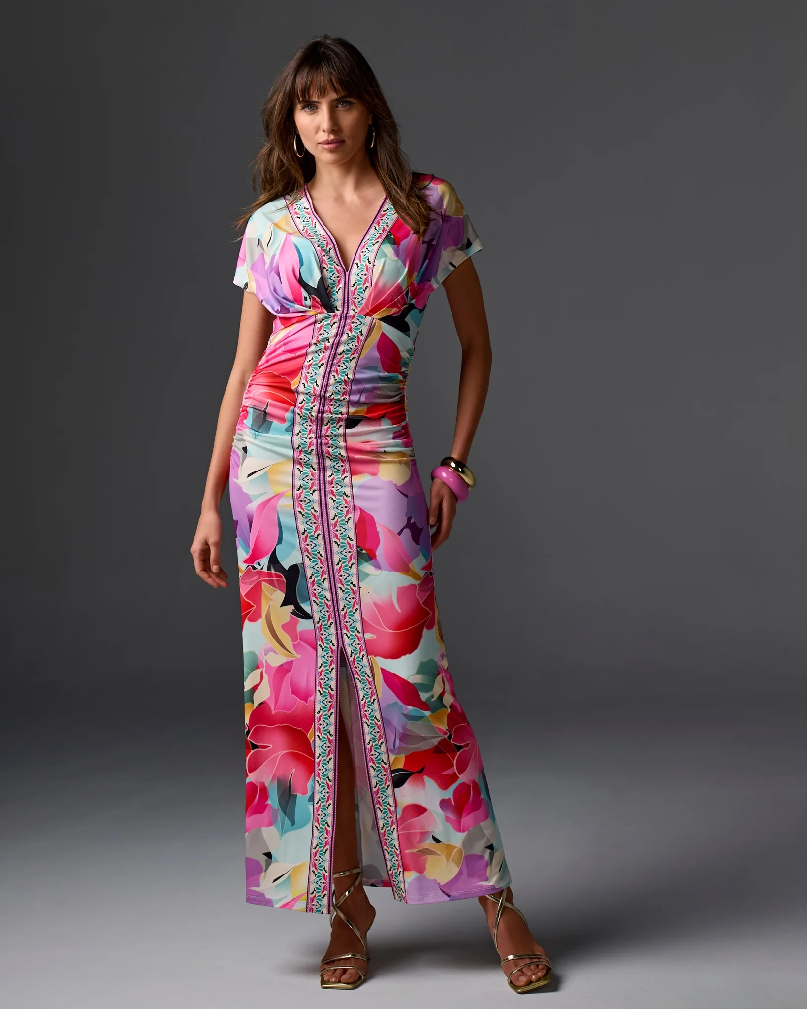 Spring Soiree Border Print Short Sleeve Ruched Ankle Length Dress Spring Soiree - Mycitystee