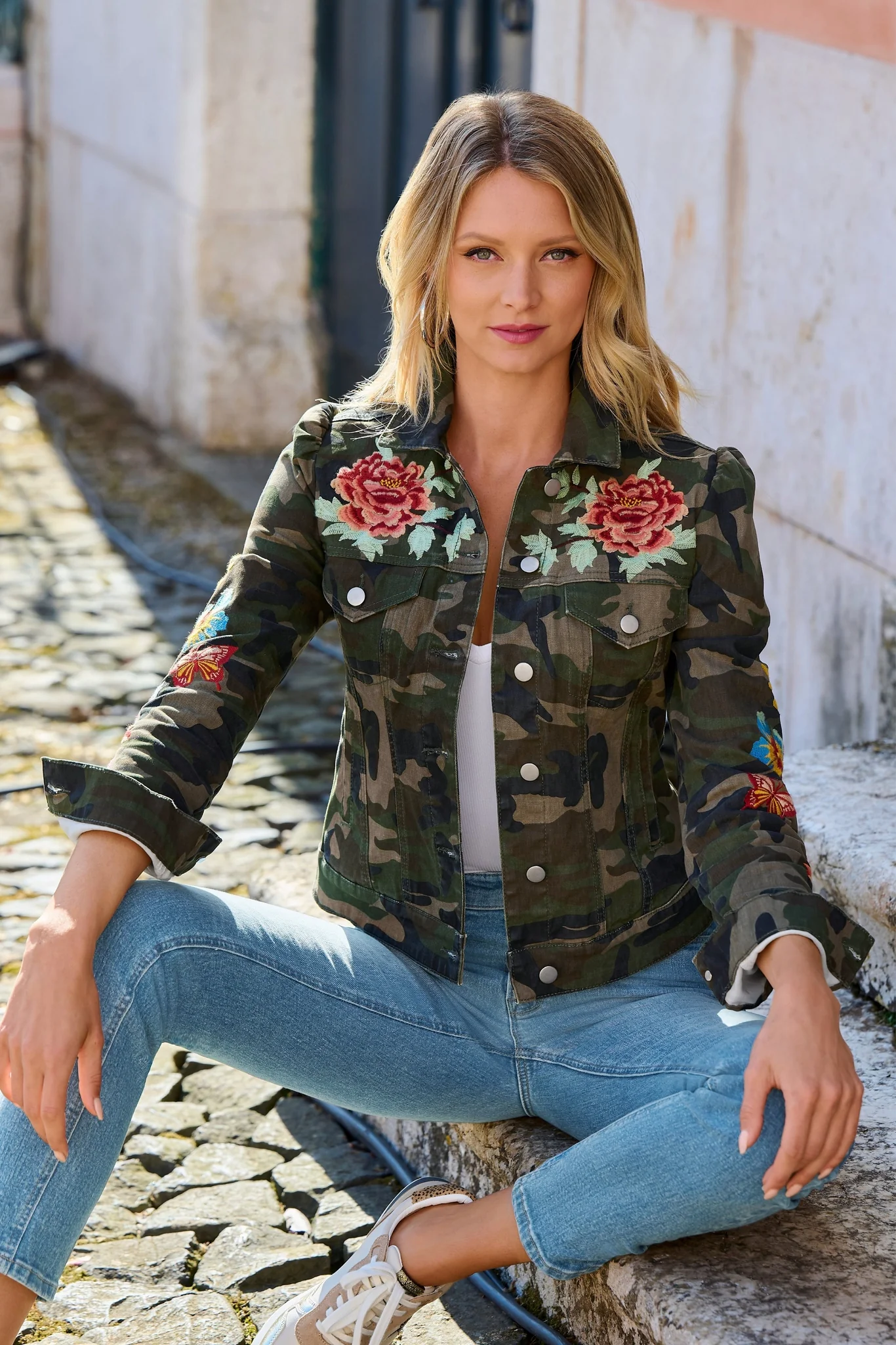 Embroidered Camo Print Denim Jacket Green Multi - Mycitystee