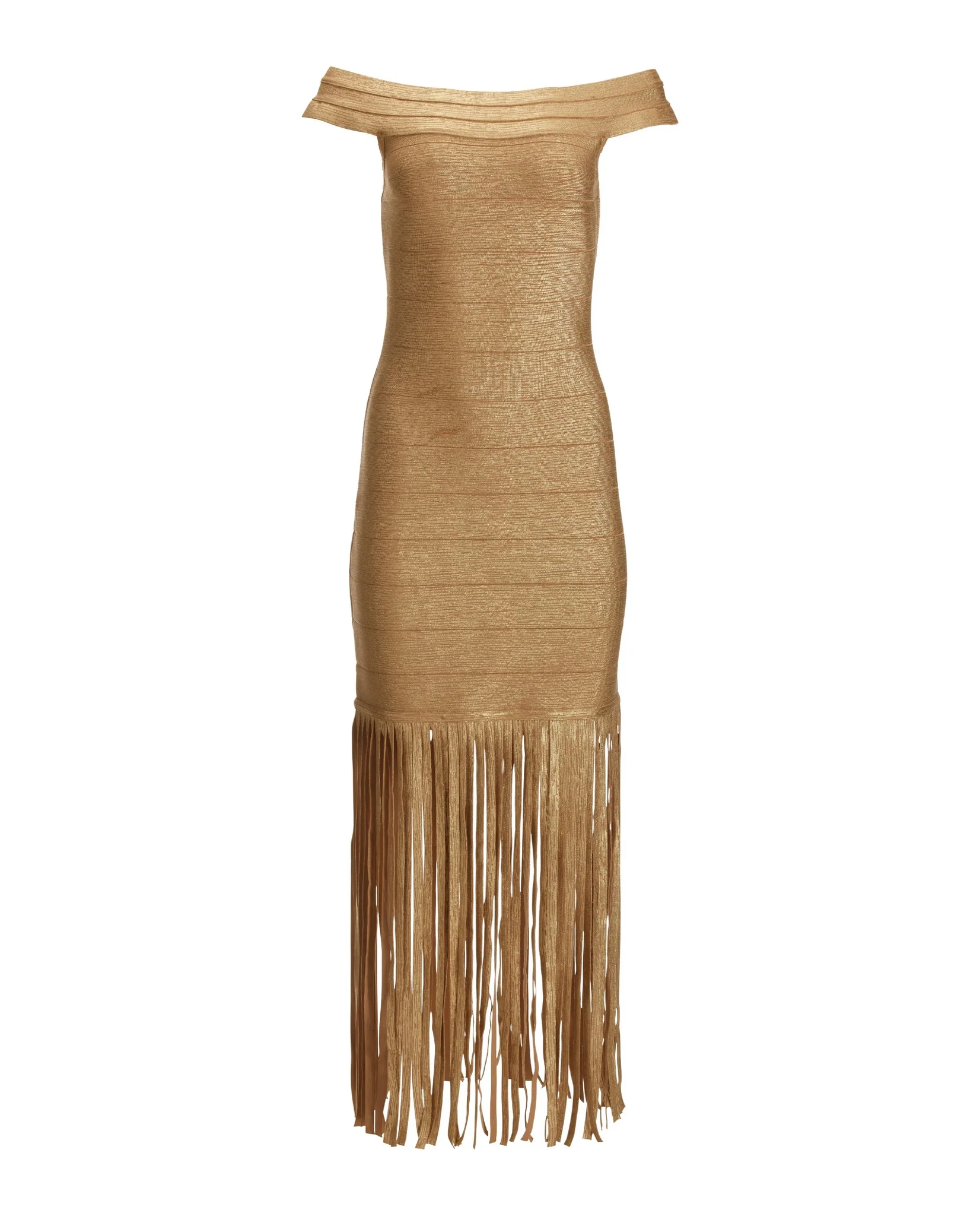 Fringe Trim Metallic Bandage Dress Gold - Mycitystee
