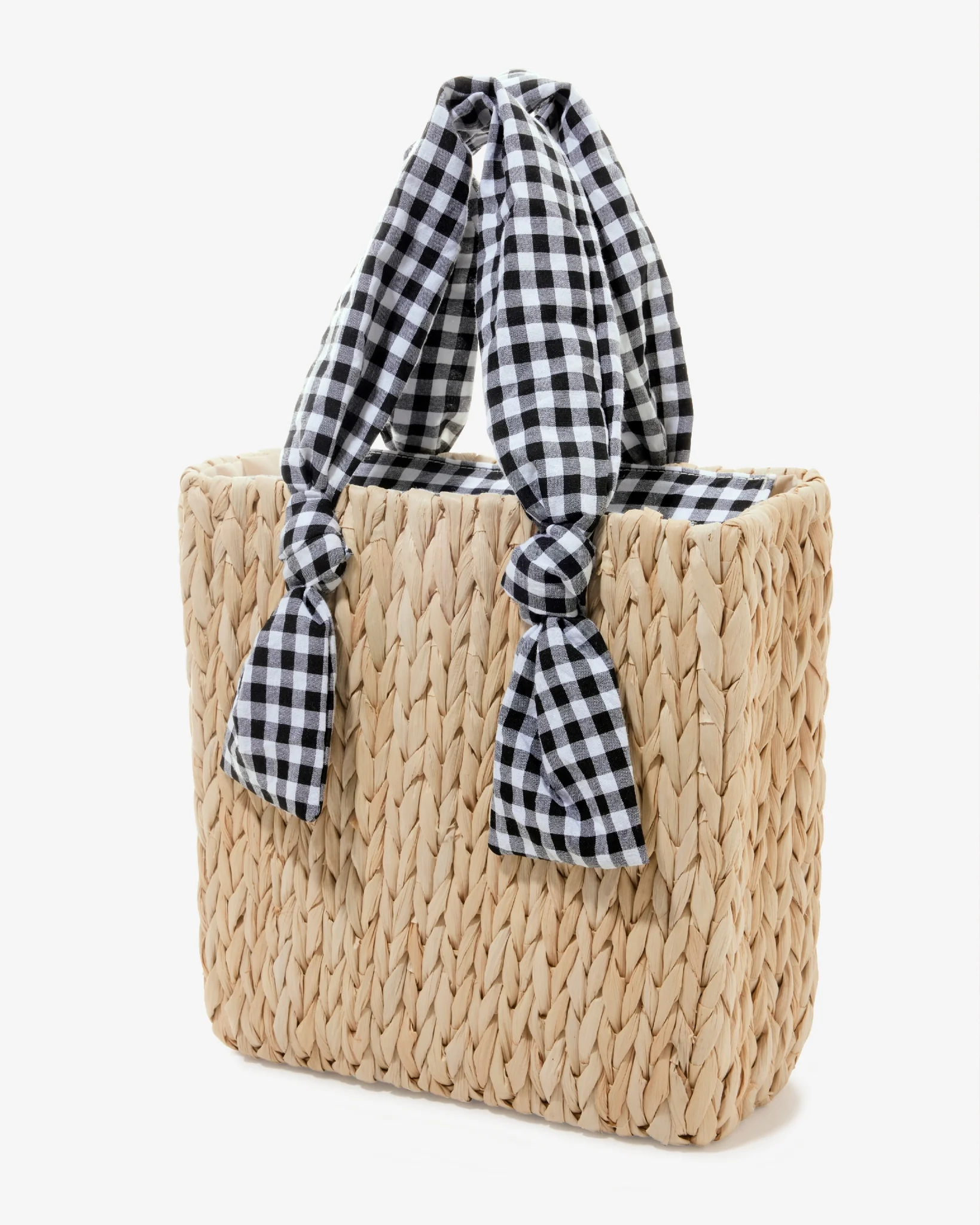 Print Handle Raffia Bag Black/White Gingham - Mycitystee
