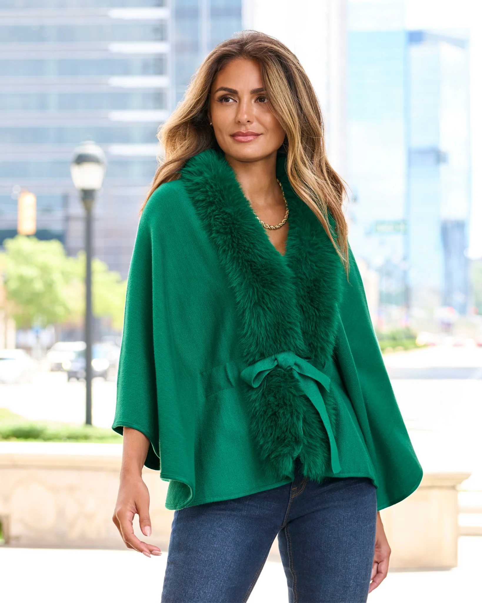 Faux Fur Tie Waist Poncho Ultramarine Green - Mycitystee