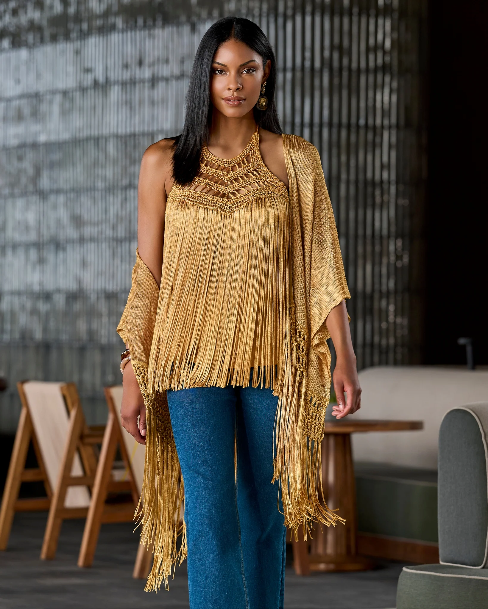 Macram   Fringe Poncho Tan - Mycitystee