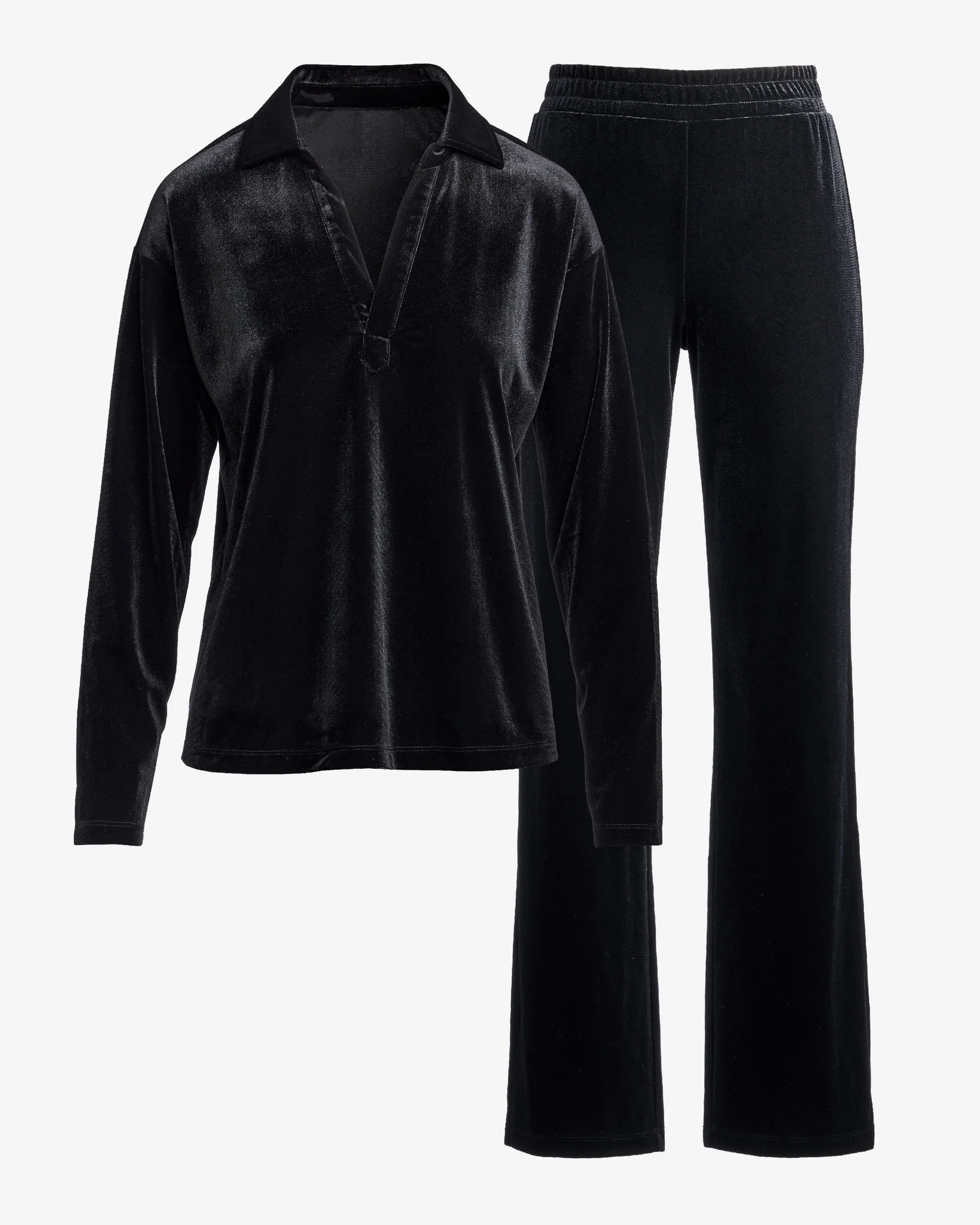 Chic Velour Collared V Neck Wide Leg Pant Set Black - Mycitystee
