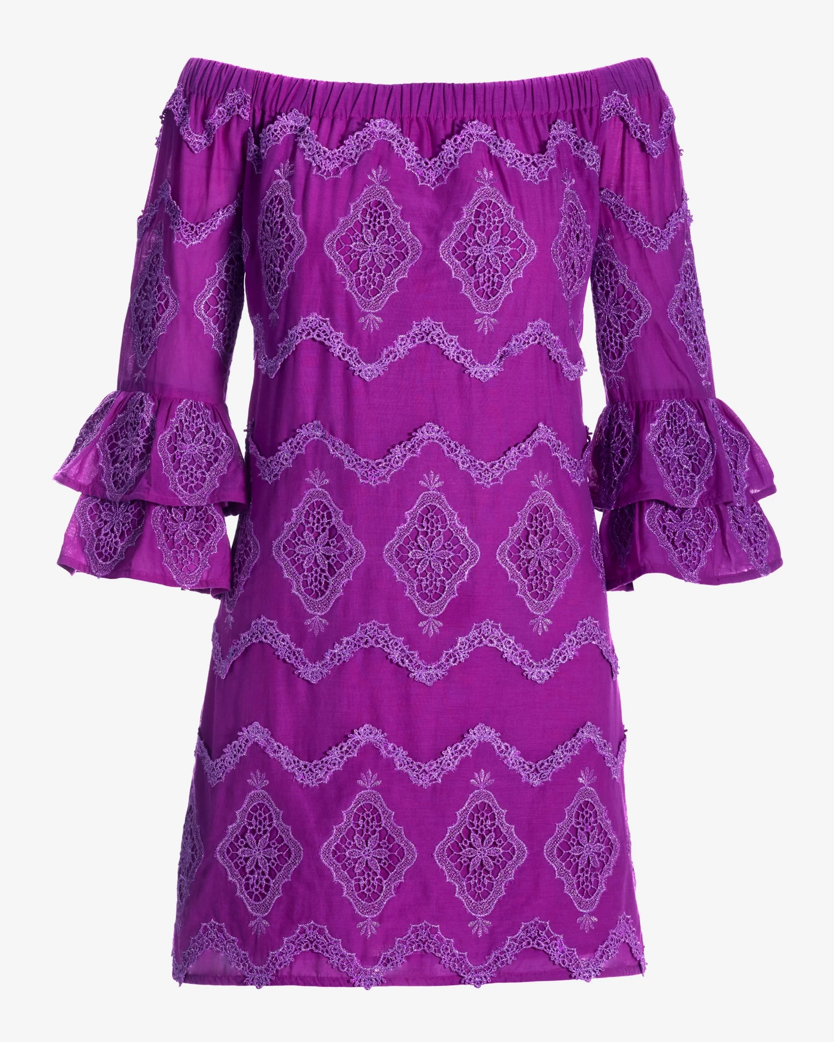 Metallic Lace Detail Off The Shoulder Shift Dress Purple Cactus Flower - Mycitystee